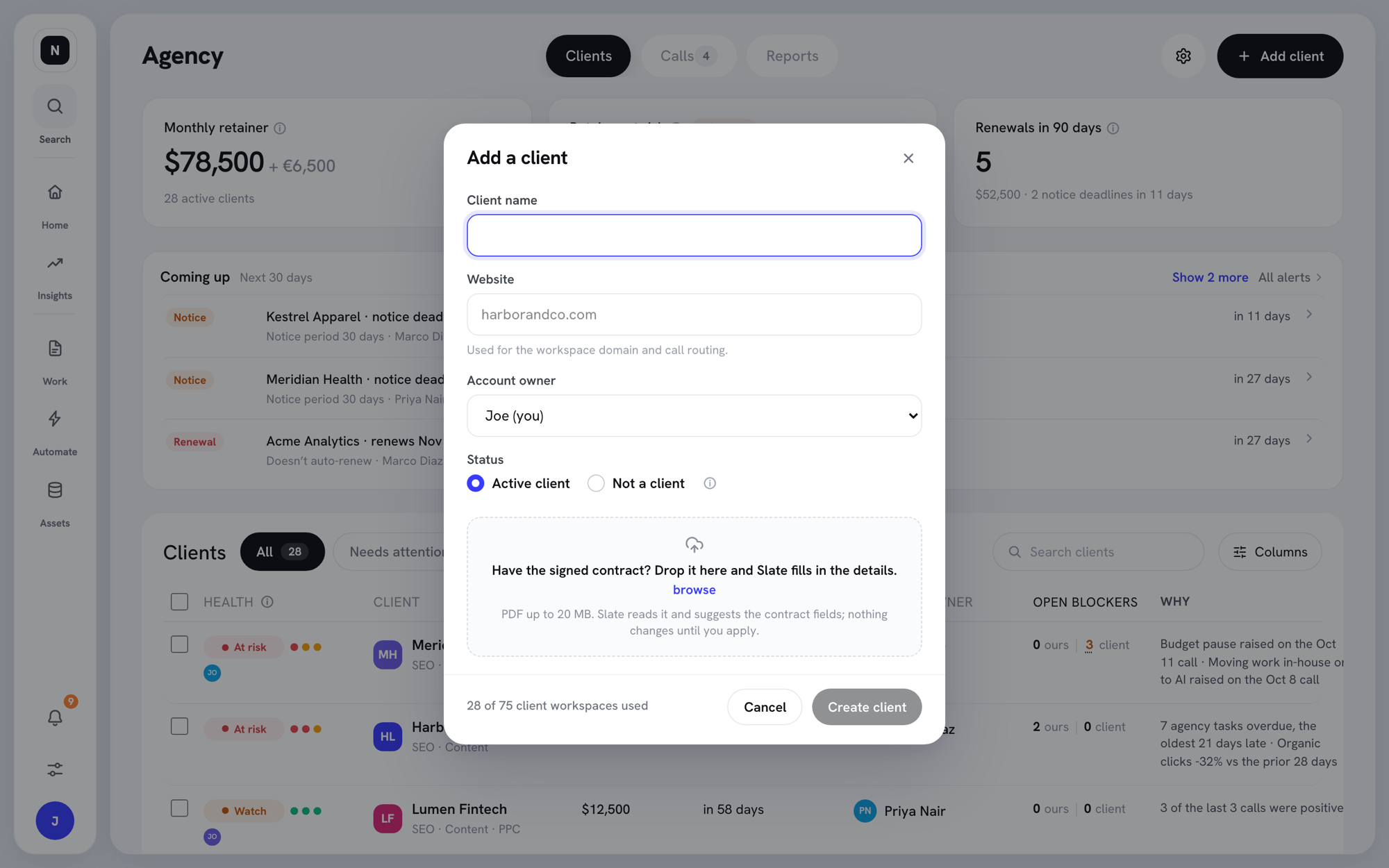 Add a client dialog with Client name, Website, Account manager, Status, and a contract drop zone
