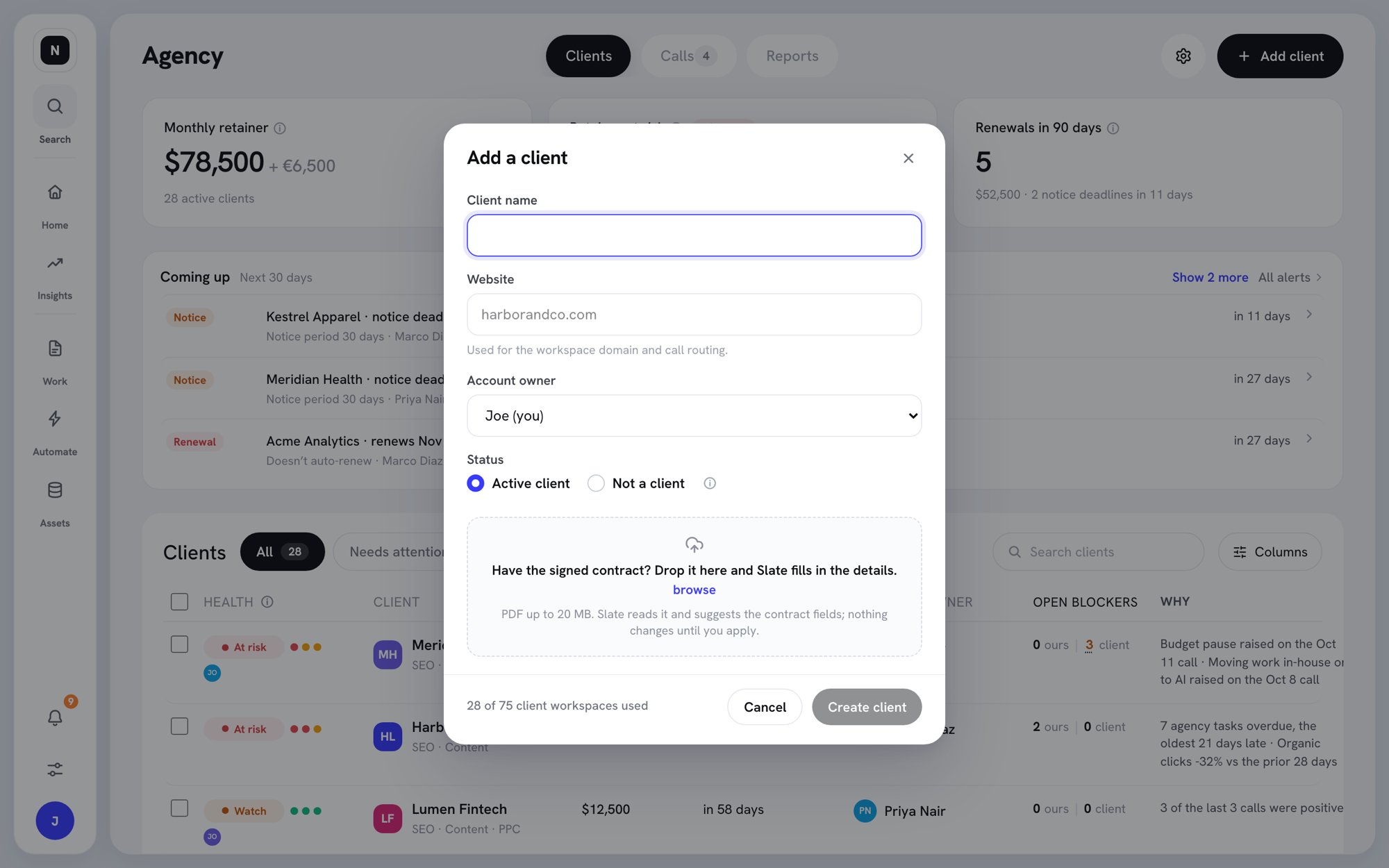 Add a client dialog with Client name, Website, Account manager, Status, and a contract drop zone