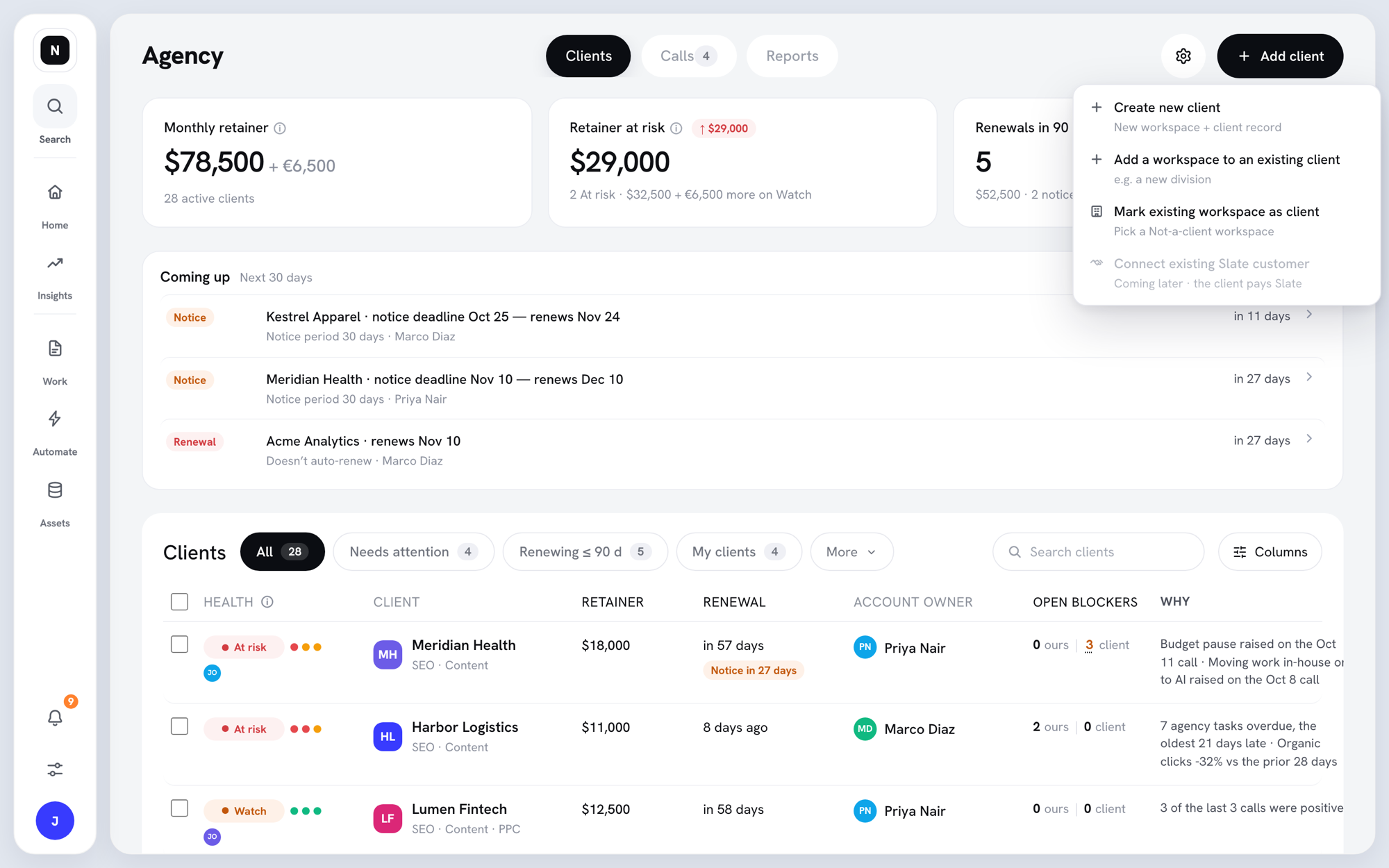 Add client menu with Create new client, Add a workspace to an existing client, Mark existing workspace as client, and a disabled Connect existing Slate customer option