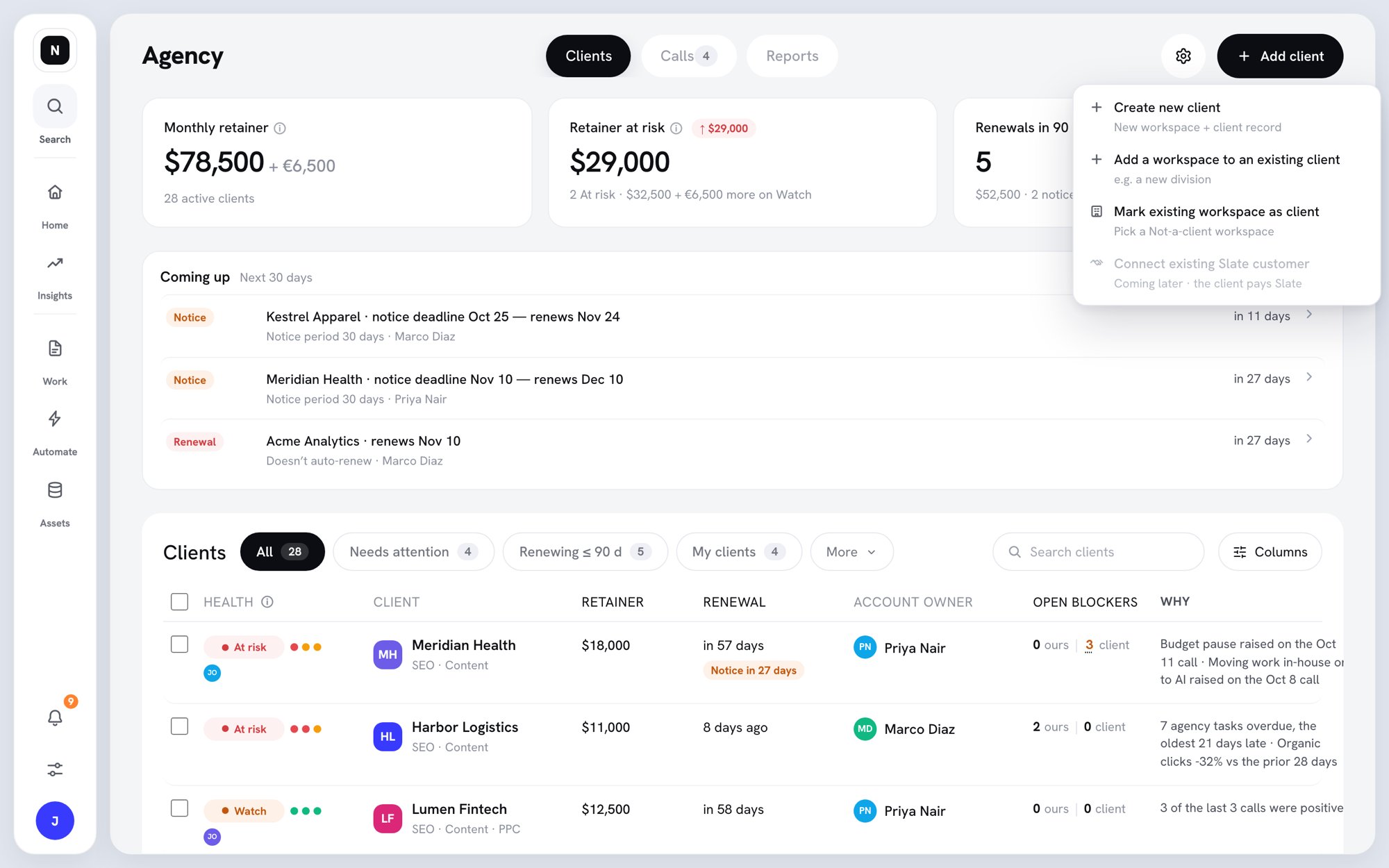 Add client menu with Create new client, Add a workspace to an existing client, Mark existing workspace as client, and a disabled Connect existing Slate customer option