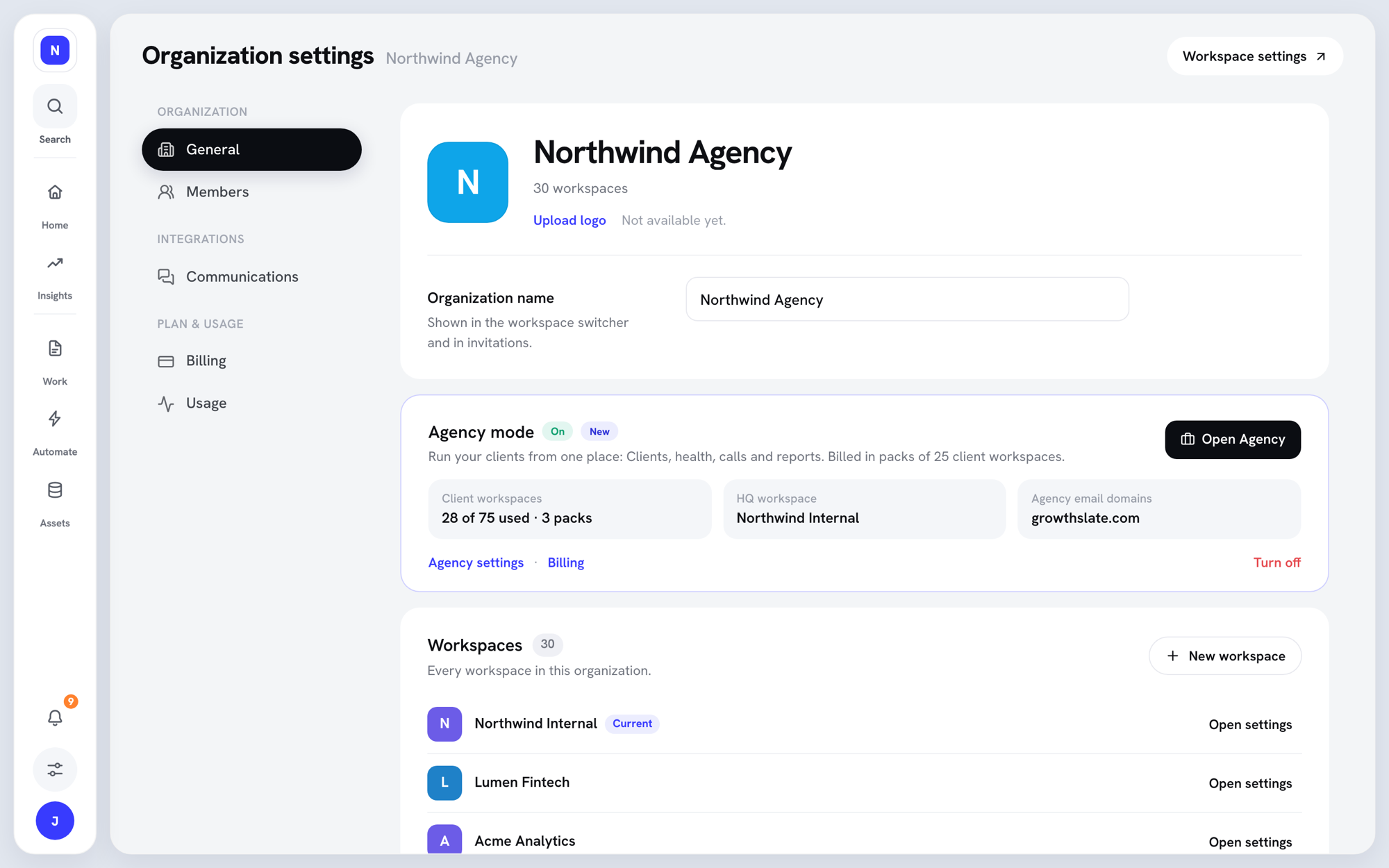 Organization settings General page with the Agency mode card showing On, client workspaces used, the HQ workspace, and agency domains