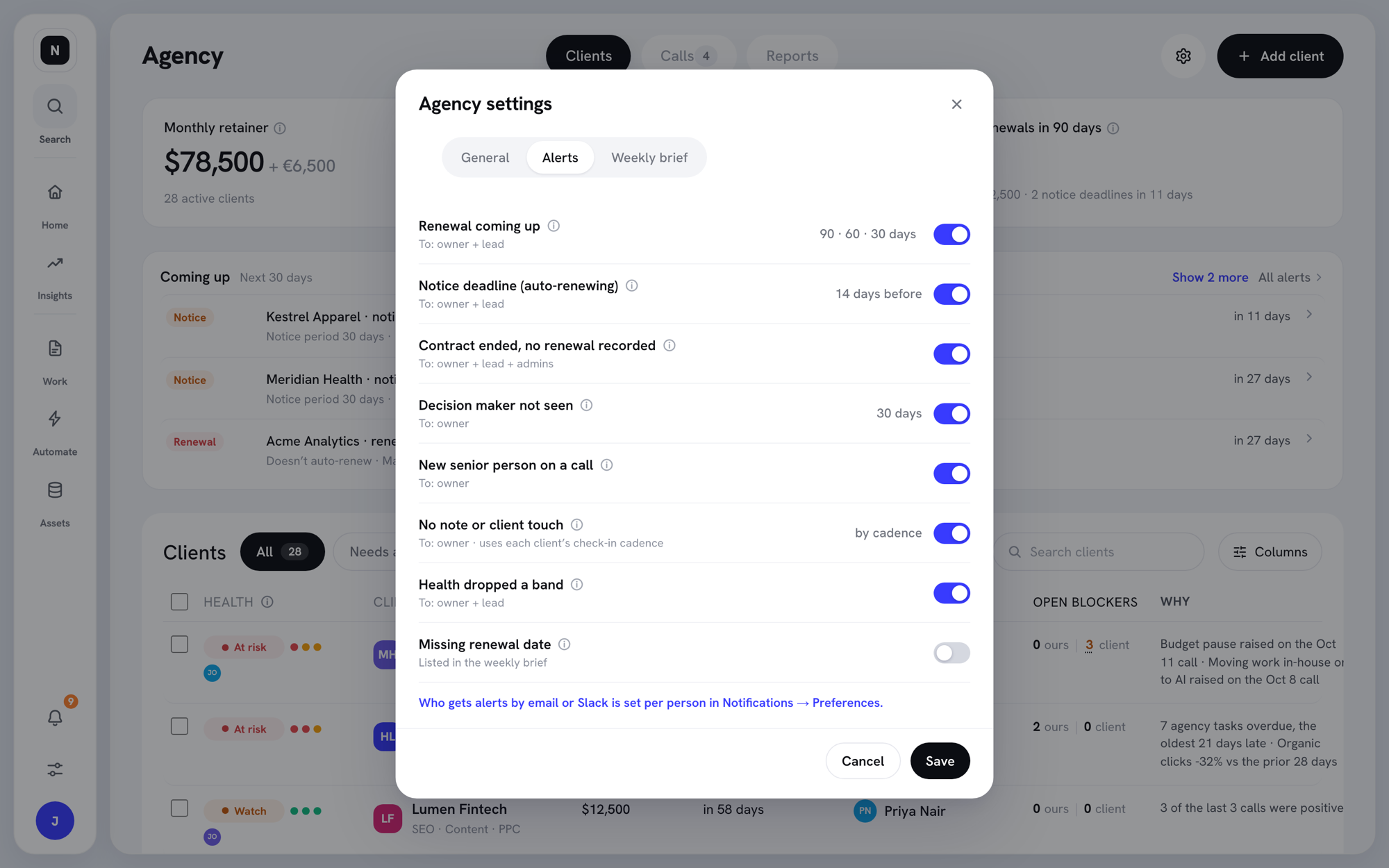 Agency settings dialog on the Alerts tab with a switch for each alert and who receives it