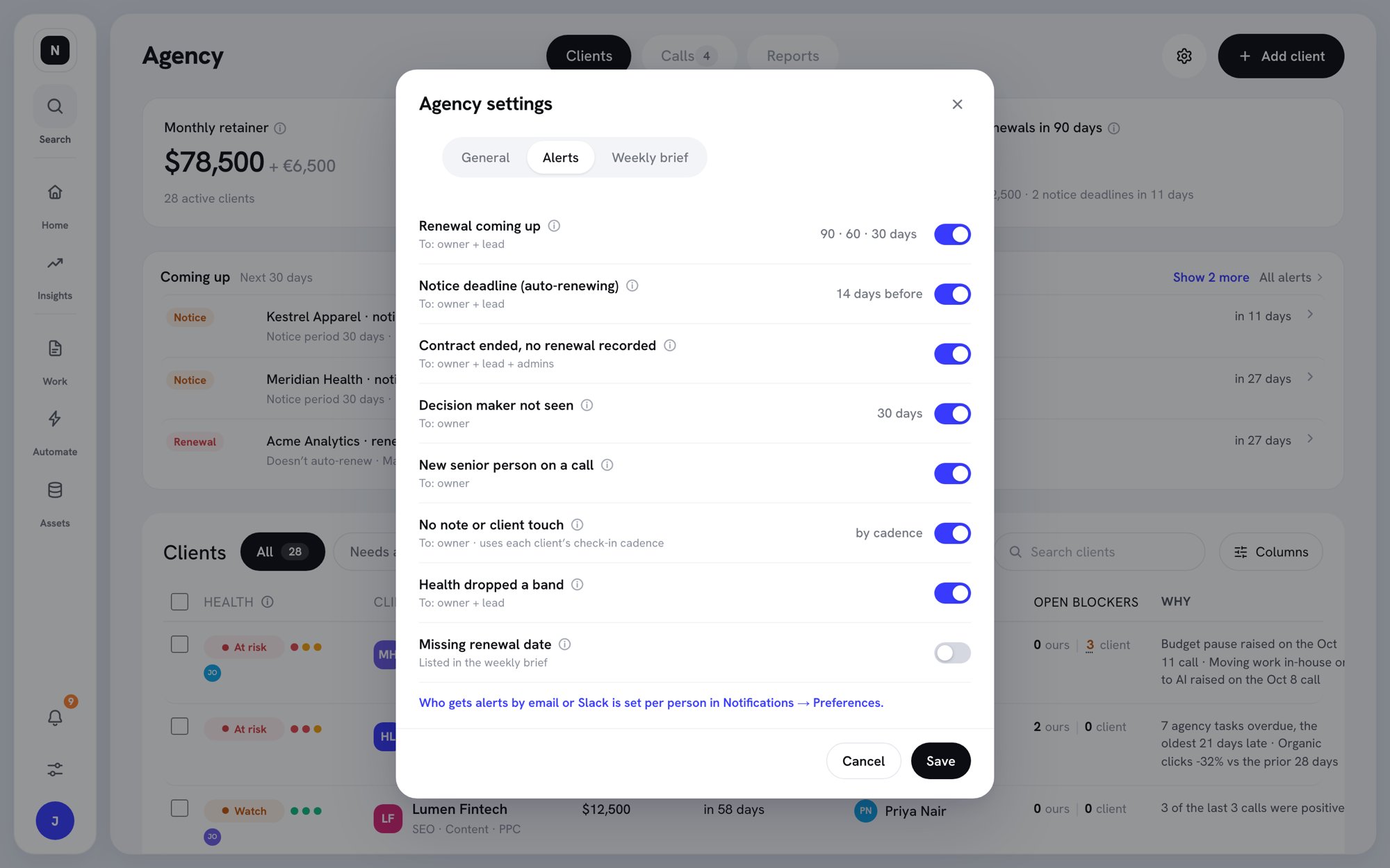 Agency settings dialog on the Alerts tab with a switch for each alert and who receives it