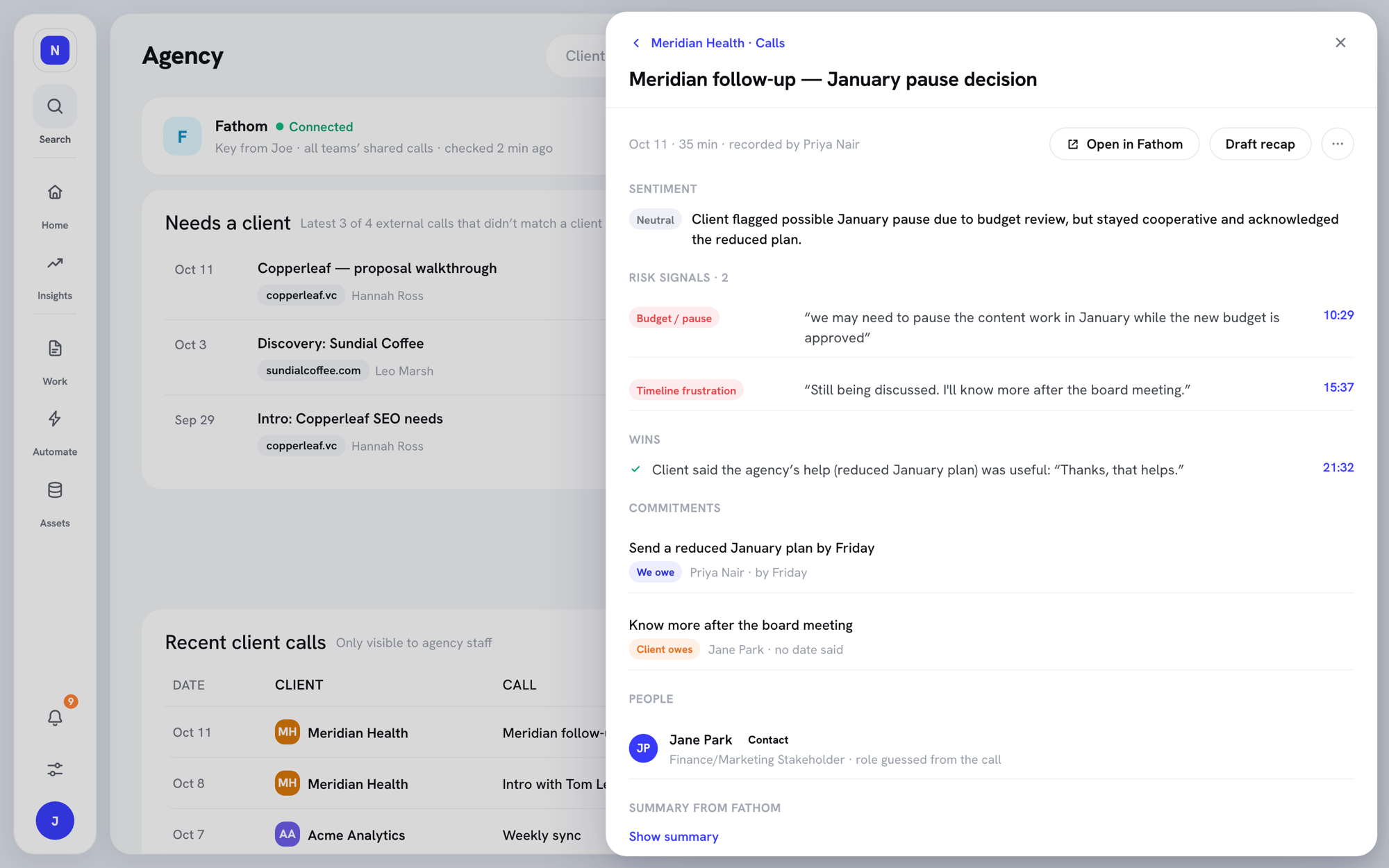 Call read showing sentiment, two risk signals with quotes and timestamps, a win, commitments, and a new contact