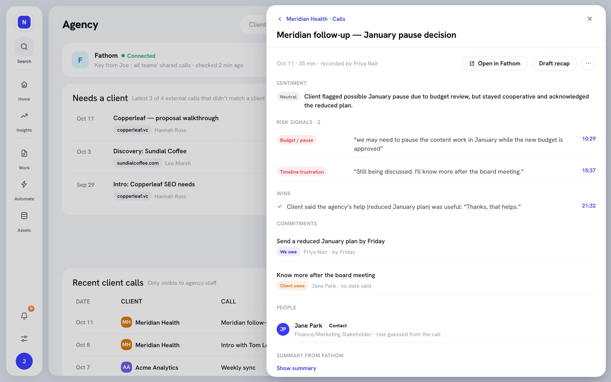 Call read showing sentiment, two risk signals with quotes and timestamps, a win, commitments, and a new contact