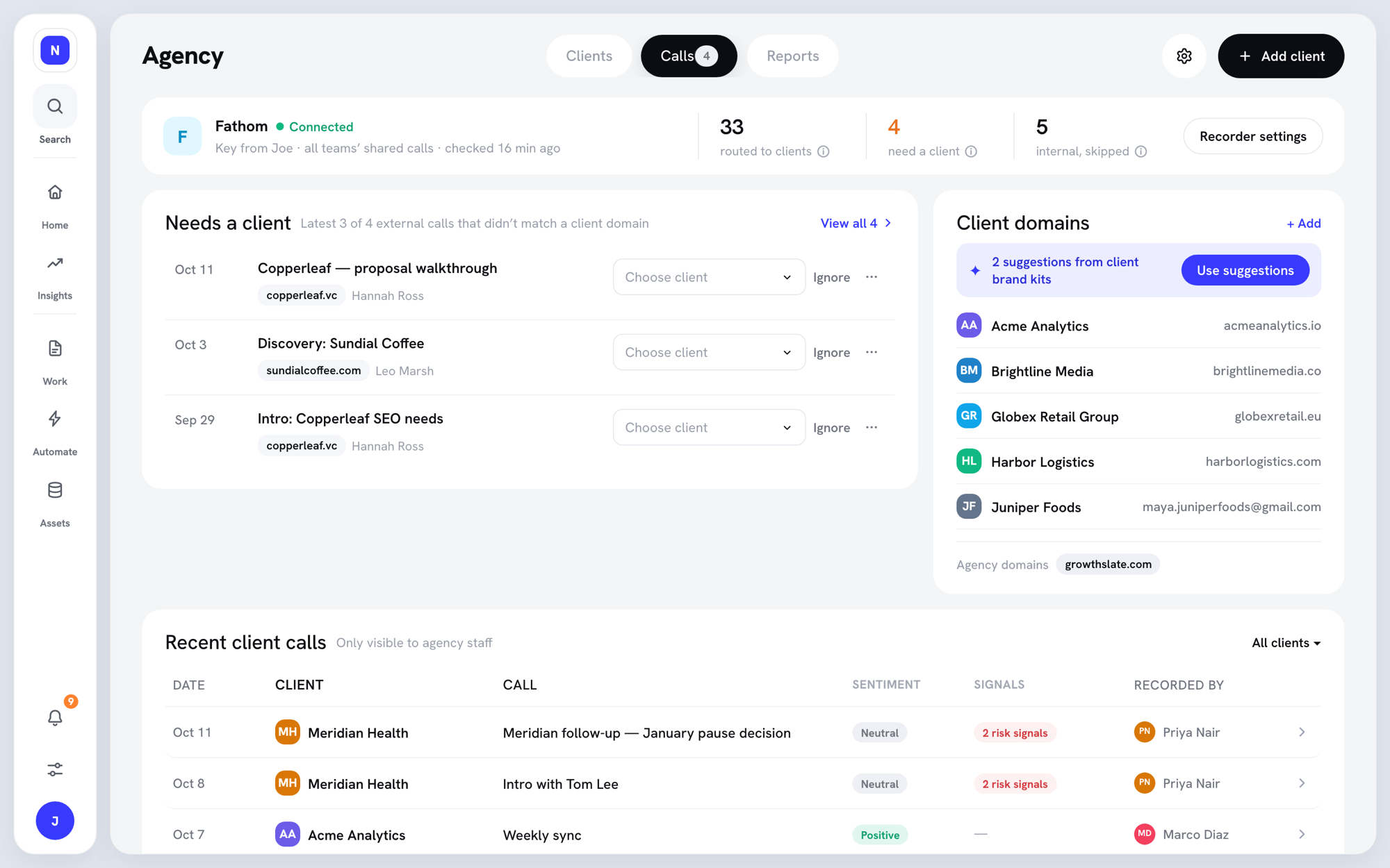 Agency Calls tab with the connected Fathom recorder, the Needs a client list, Client domains, and Recent client calls