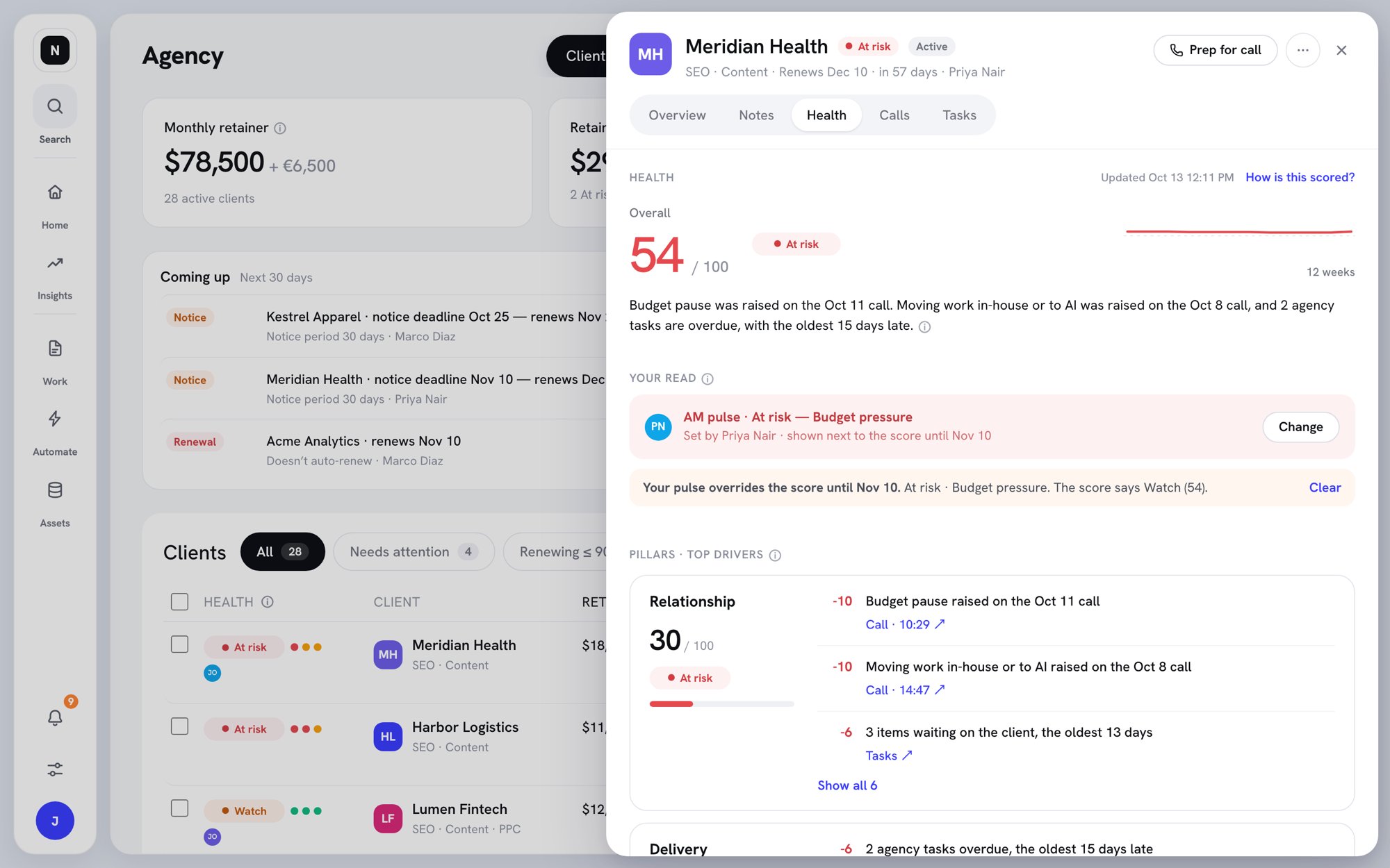 Health tab with an overall score of 54, an AM pulse set to At risk, and the Relationship pillar's top drivers