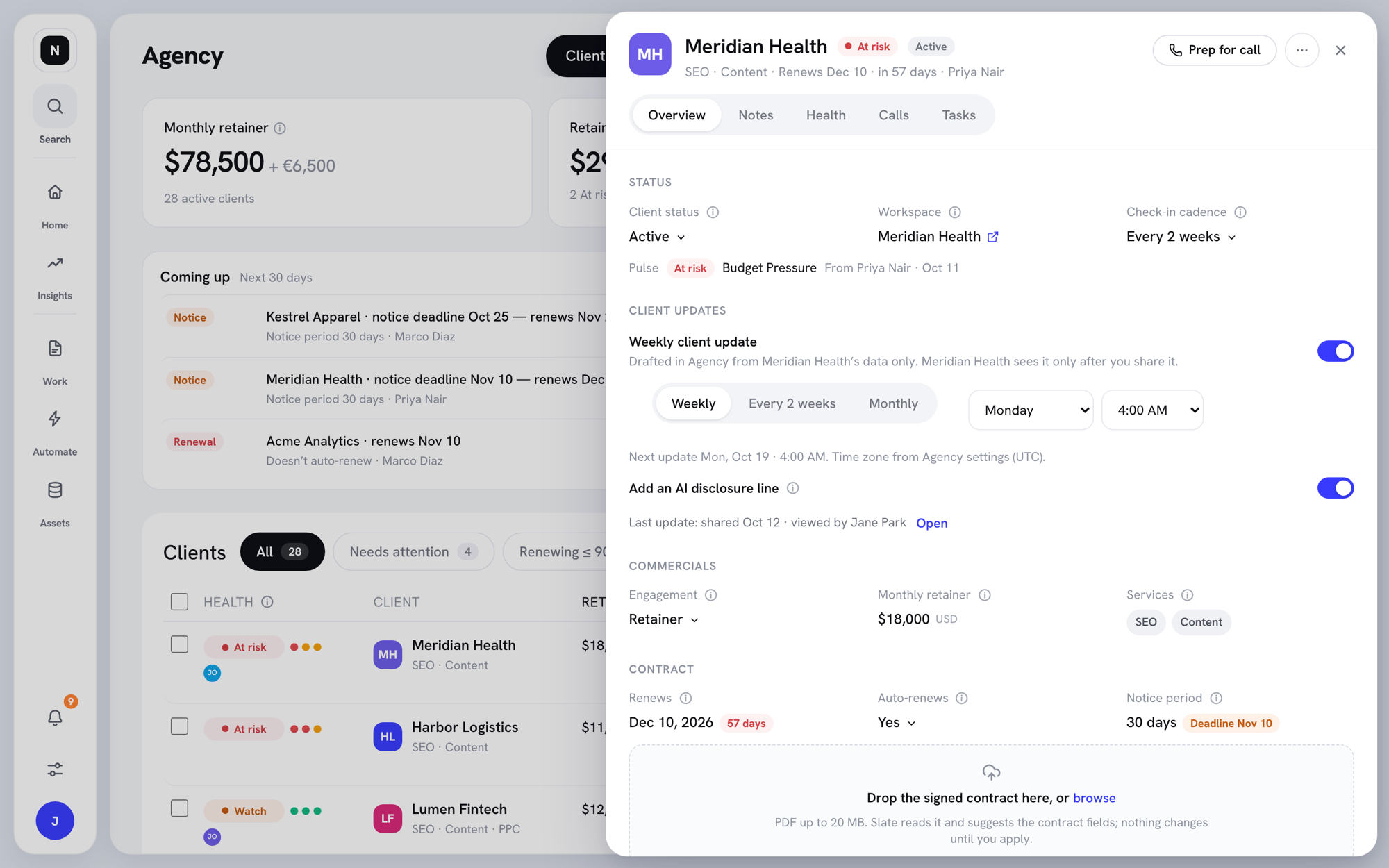 Client record Overview tab with Status, Client updates, Commercials, and Contract sections
