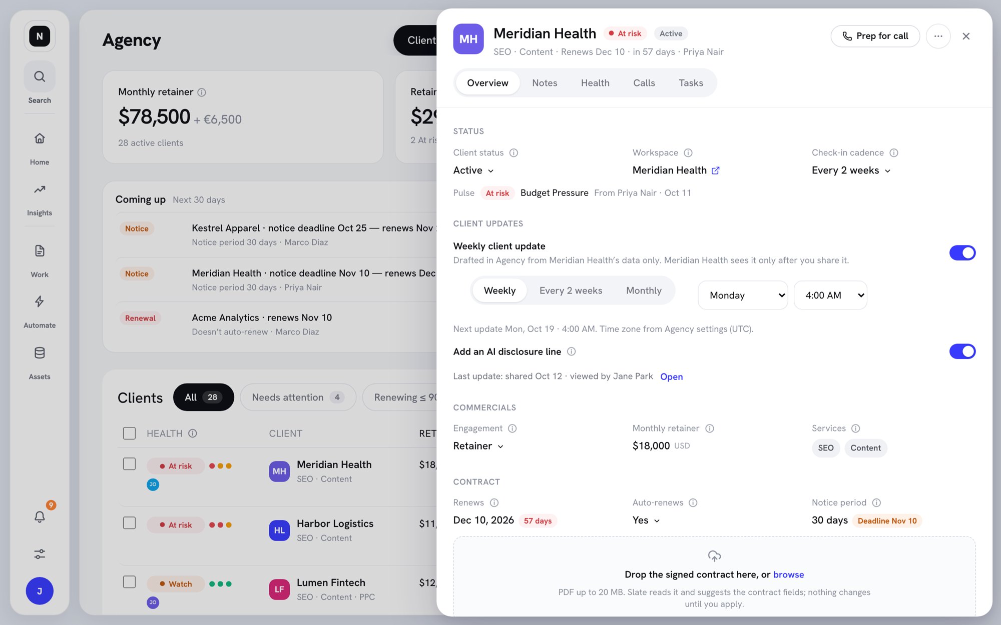 Client record Overview tab with Status, Client updates, Commercials, and Contract sections