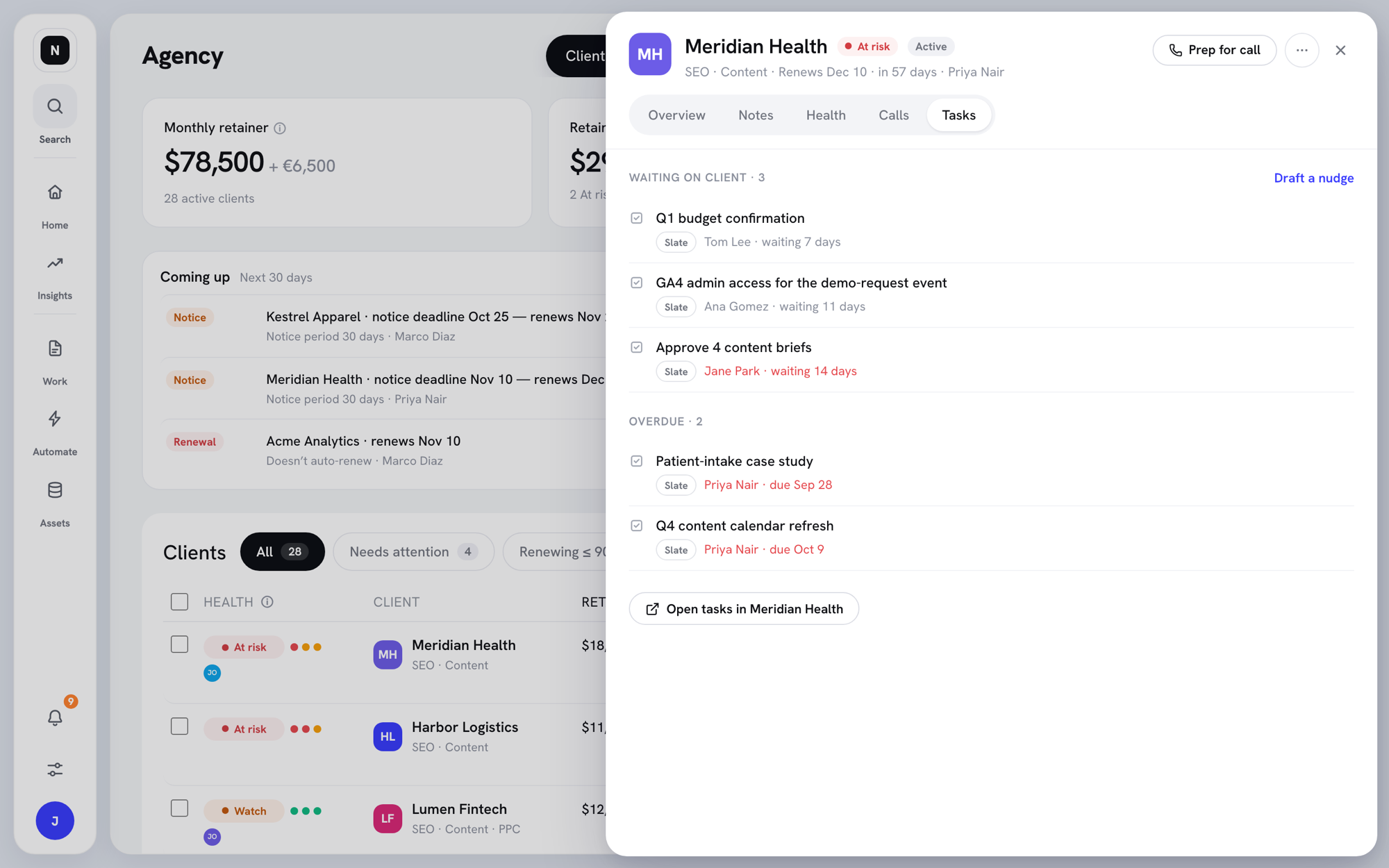 Tasks tab with items Waiting on client and Overdue, and a Draft a nudge link