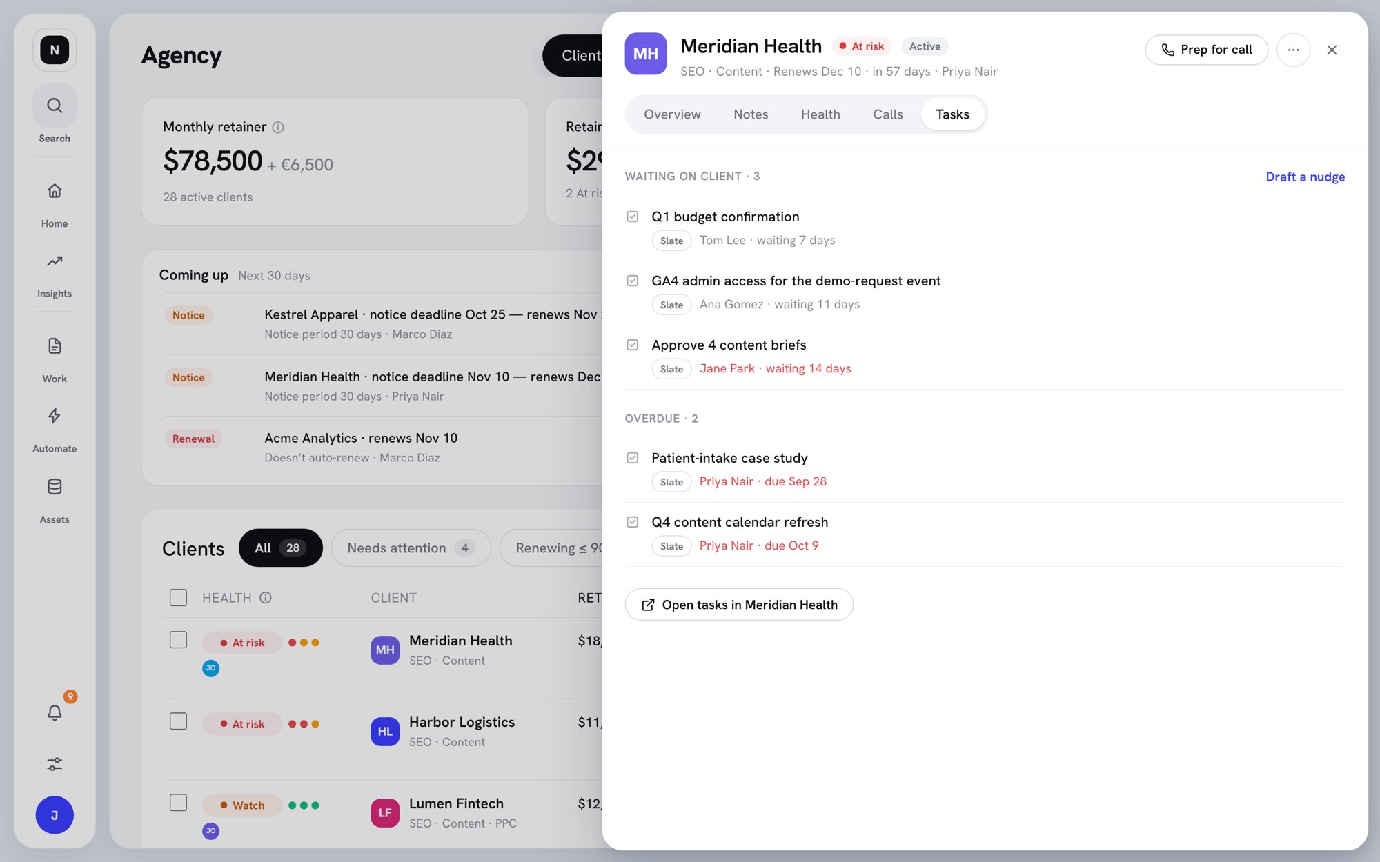Tasks tab with items Waiting on client and Overdue, and a Draft a nudge link
