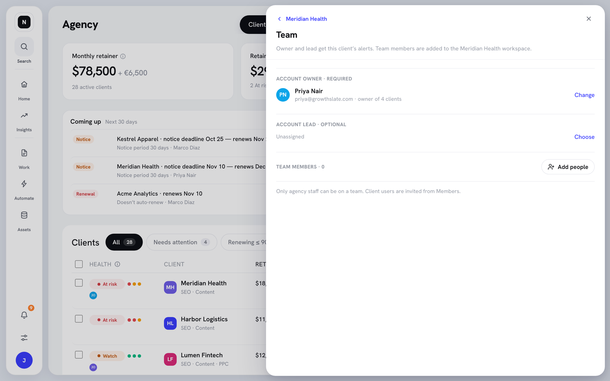 Team view with the account manager, an unassigned account director, and an Add people button