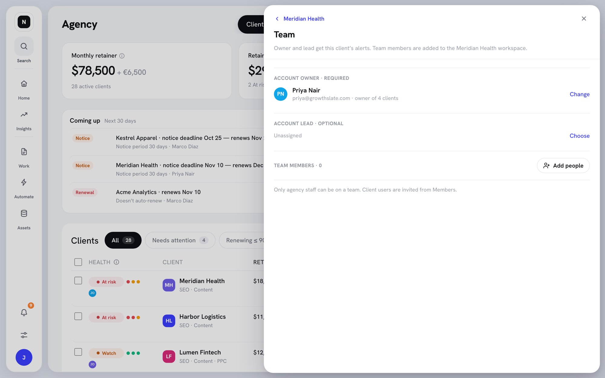 Team view with the account manager, an unassigned account director, and an Add people button
