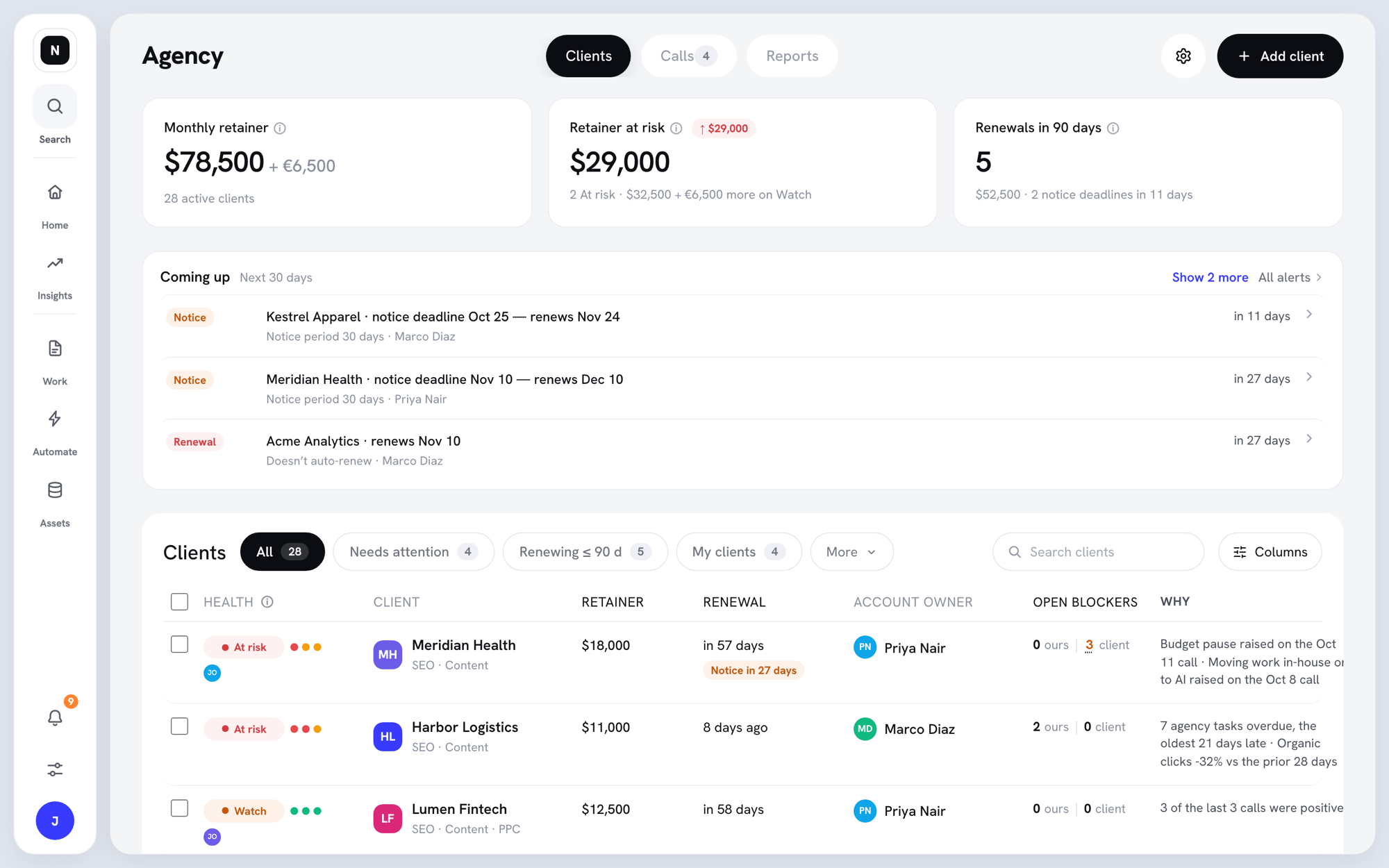 Agency page showing the Monthly retainer, Retainer at risk, and Renewals in 90 days cards, the Coming up list, and the Clients table with health bands