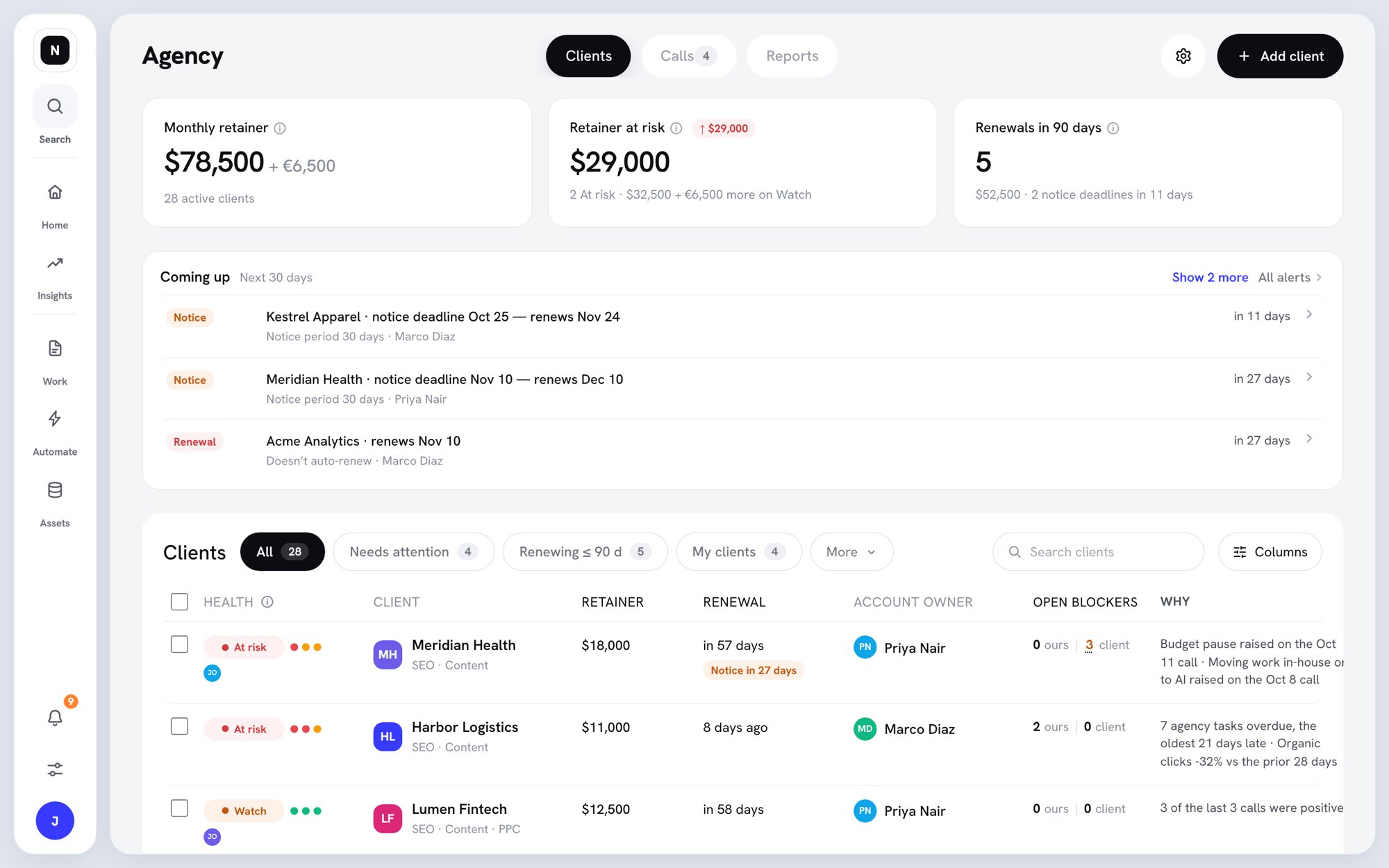 Agency page showing the Monthly retainer, Retainer at risk, and Renewals in 90 days cards, the Coming up list, and the Clients table with health bands