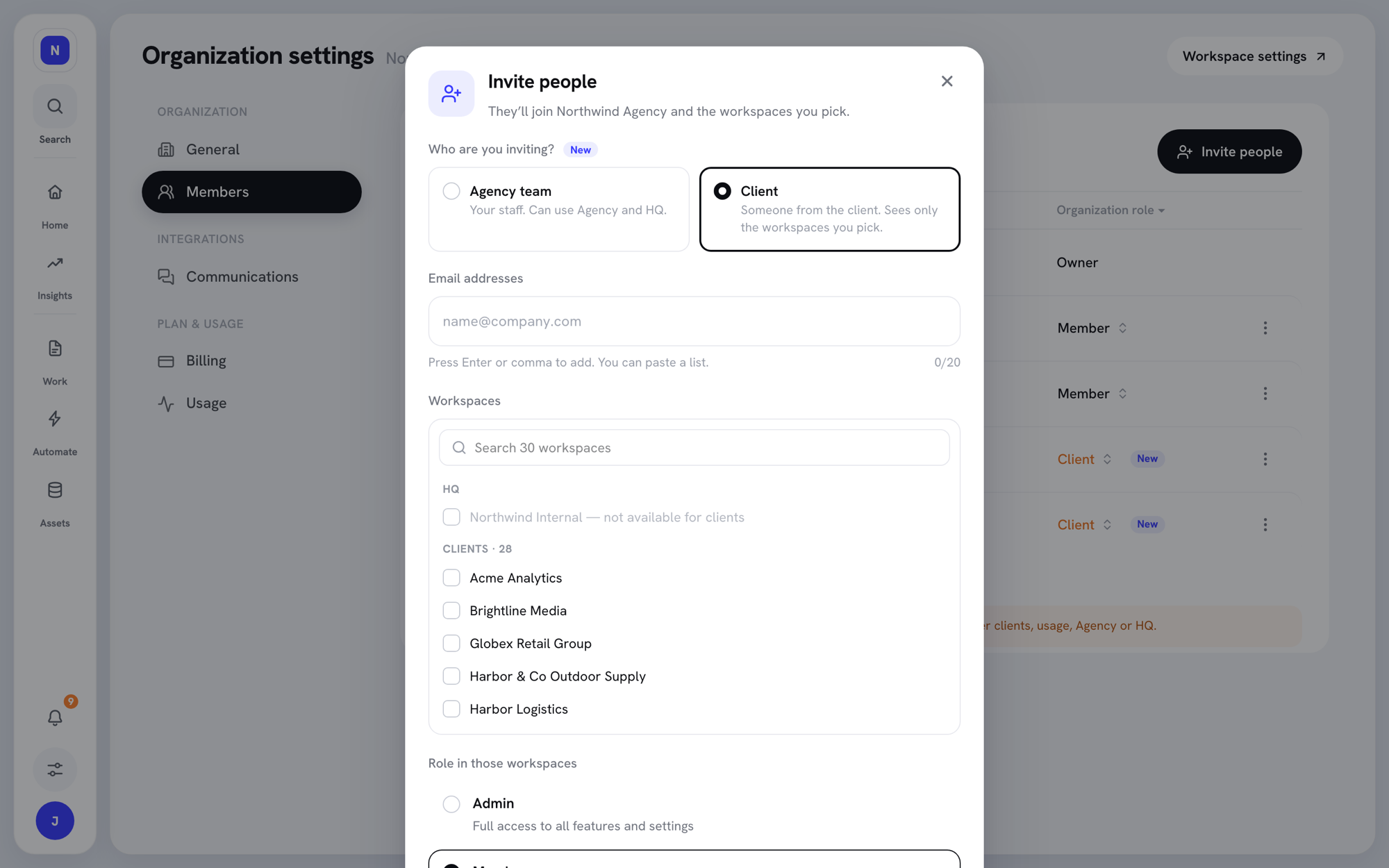 Invite people dialog with Who are you inviting? set to Client, and the workspace picker grouped into HQ and Clients