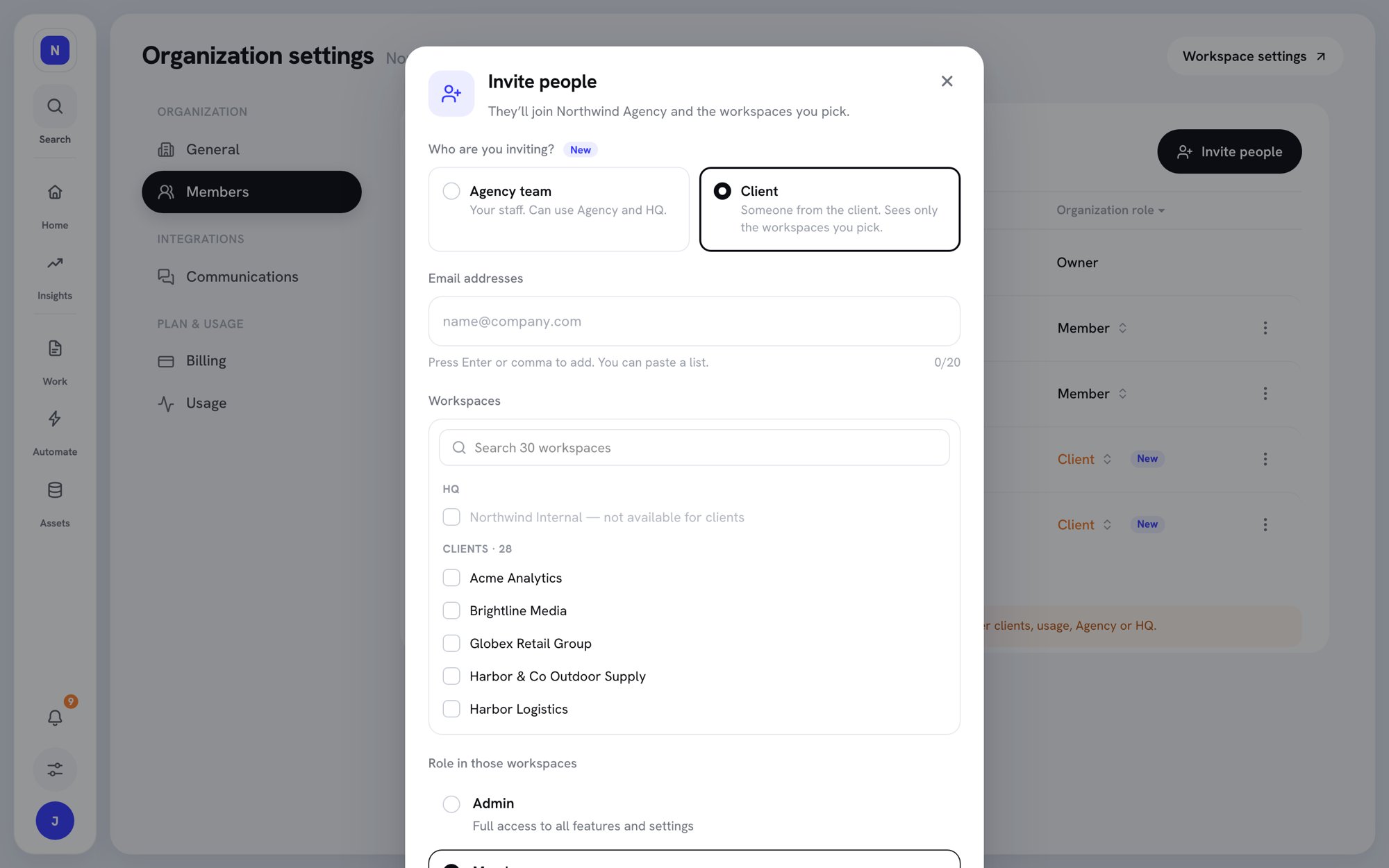 Invite people dialog with Who are you inviting? set to Client, and the workspace picker grouped into HQ and Clients