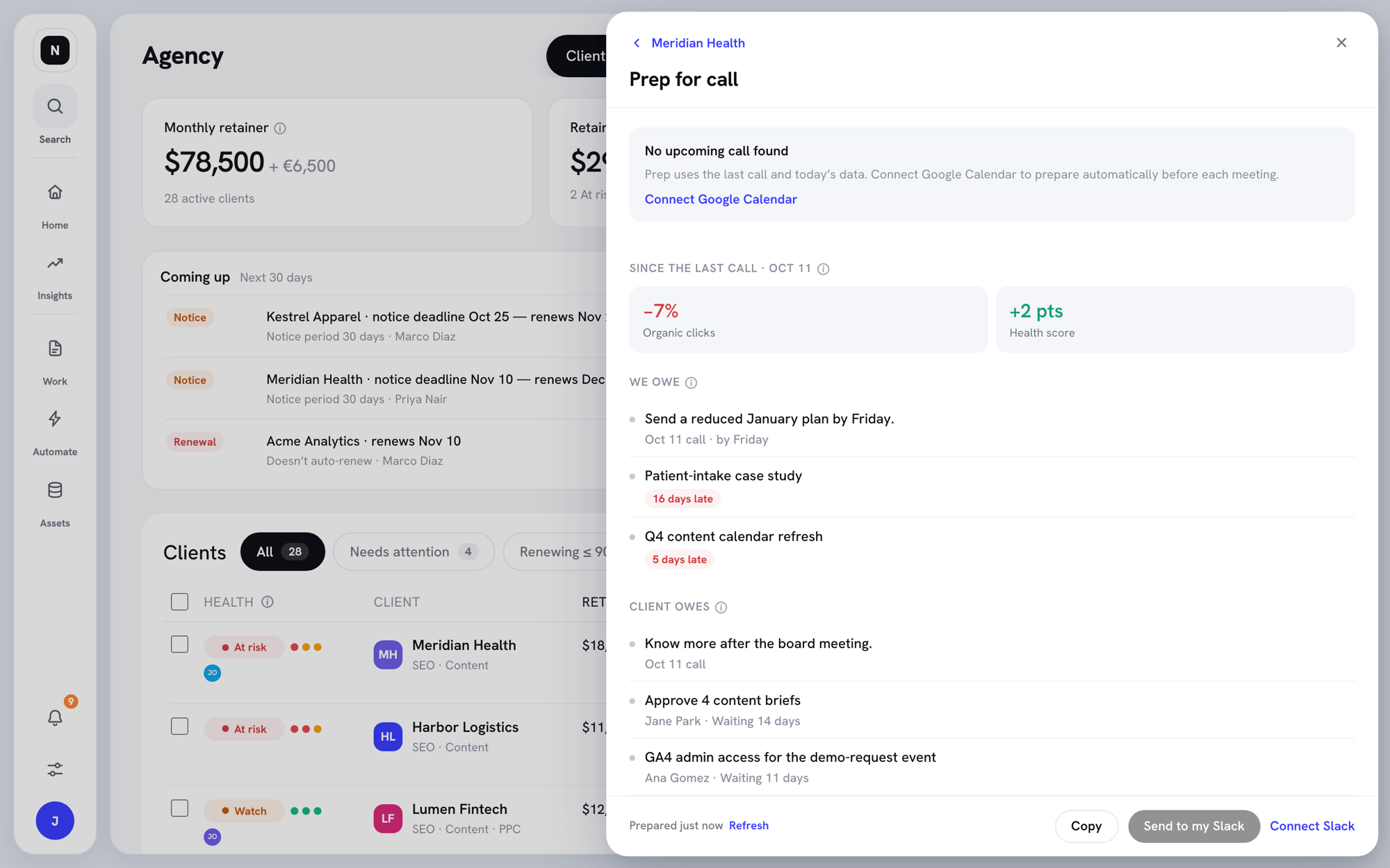 Prep for call view showing changes since the last call, what we owe, and what the client owes