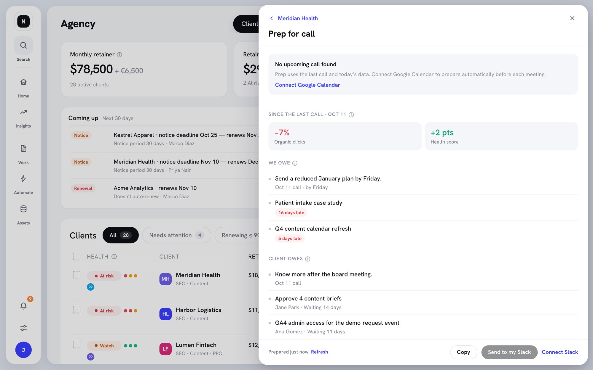 Prep for call view showing changes since the last call, what we owe, and what the client owes