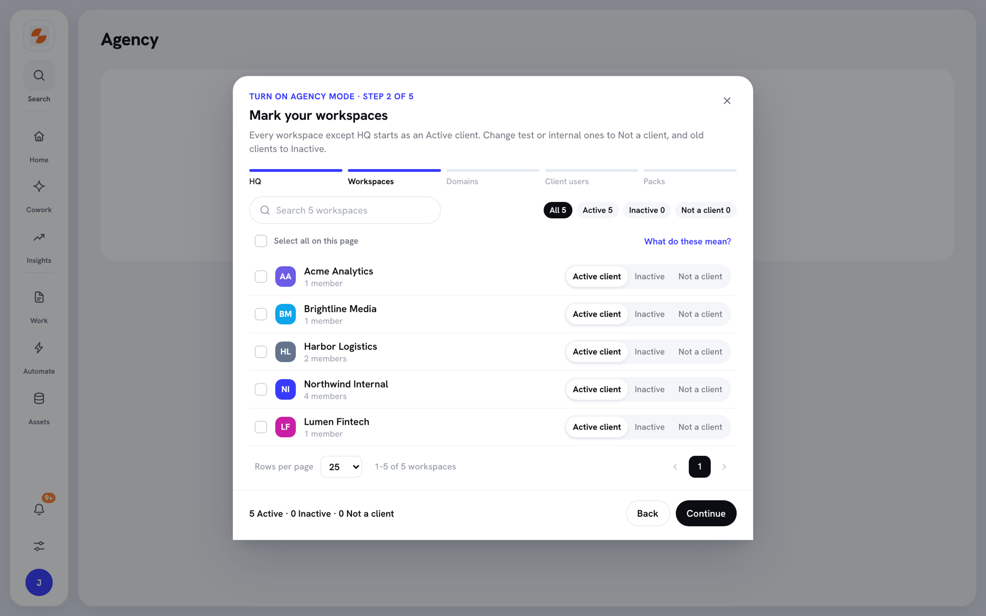 Setup wizard step 2 listing workspaces, each with Active client, Inactive, and Not a client options