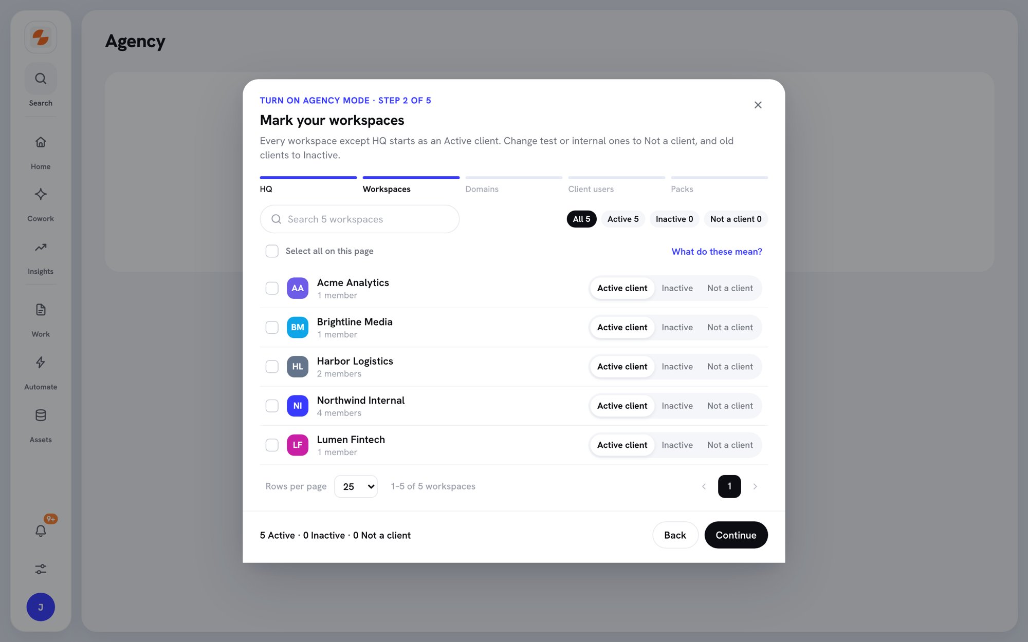 Setup wizard step 2 listing workspaces, each with Active client, Inactive, and Not a client options