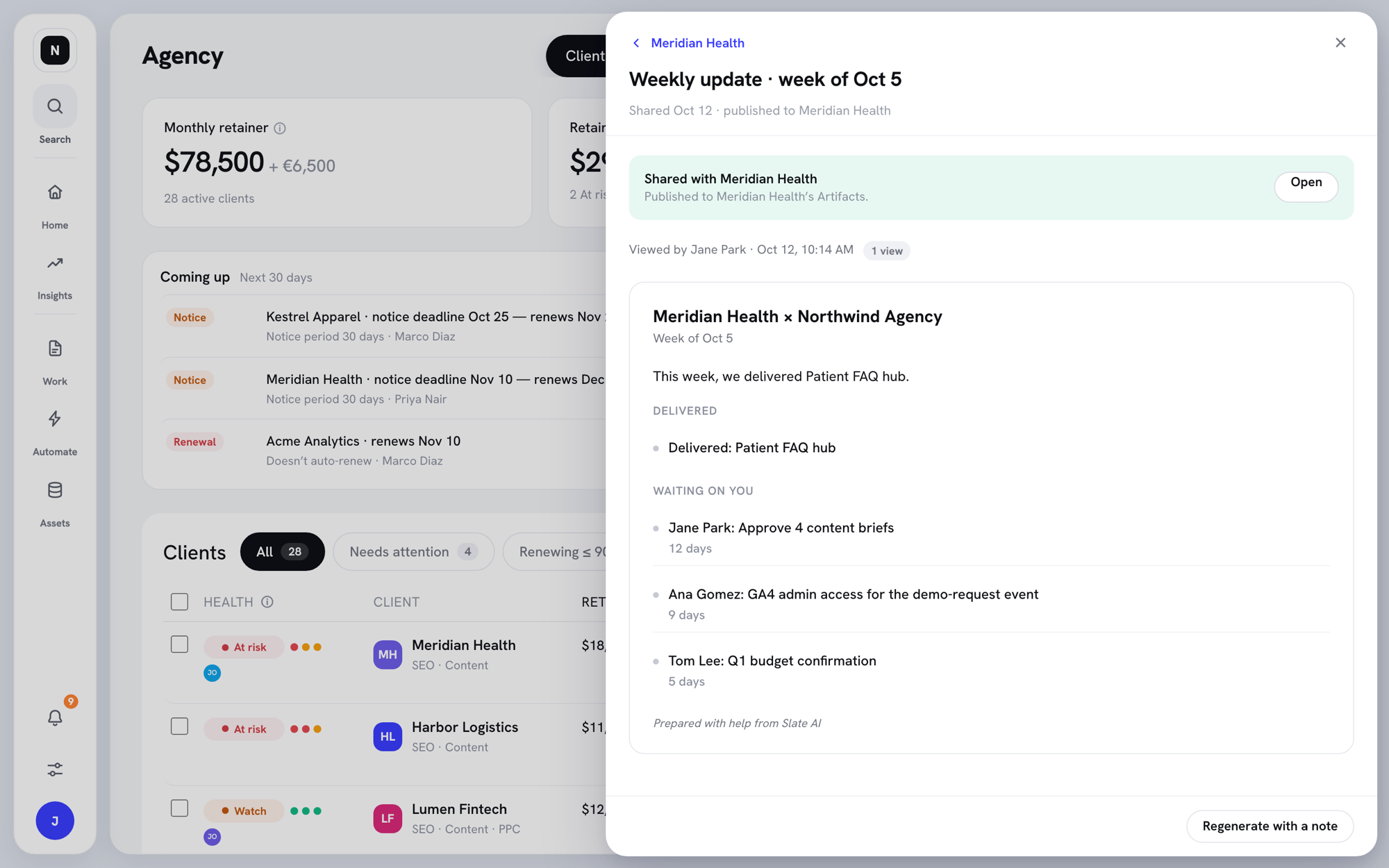 Weekly update view showing it was shared with the client and viewed, with Delivered and Waiting on you sections