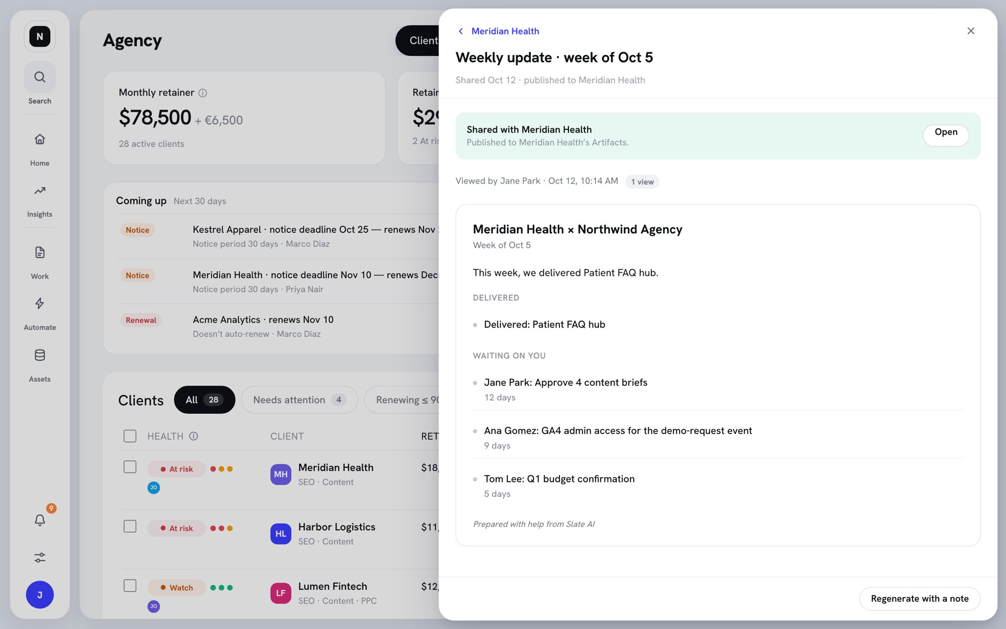 Weekly update view showing it was shared with the client and viewed, with Delivered and Waiting on you sections