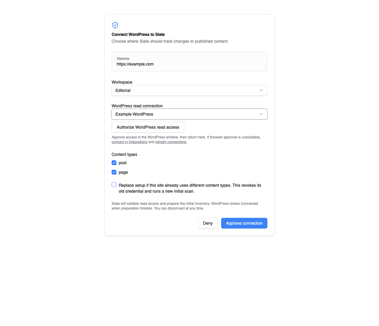 Slate approval form with workspace, WordPress read connection, post and page checkboxes, and Approve connection