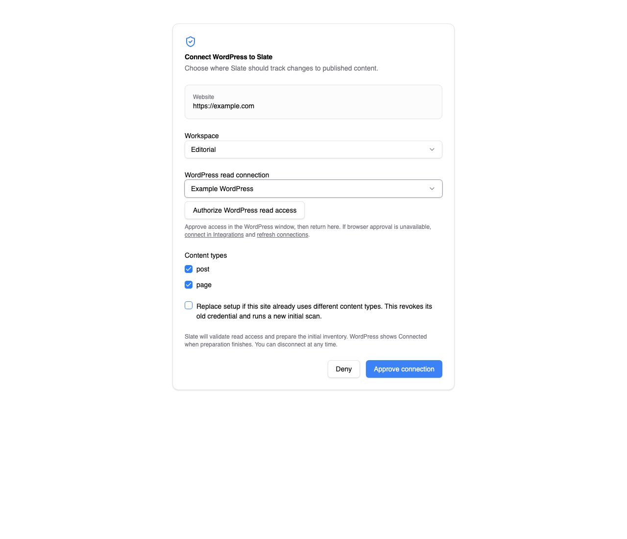 Slate approval form with workspace, WordPress read connection, post and page checkboxes, and Approve connection