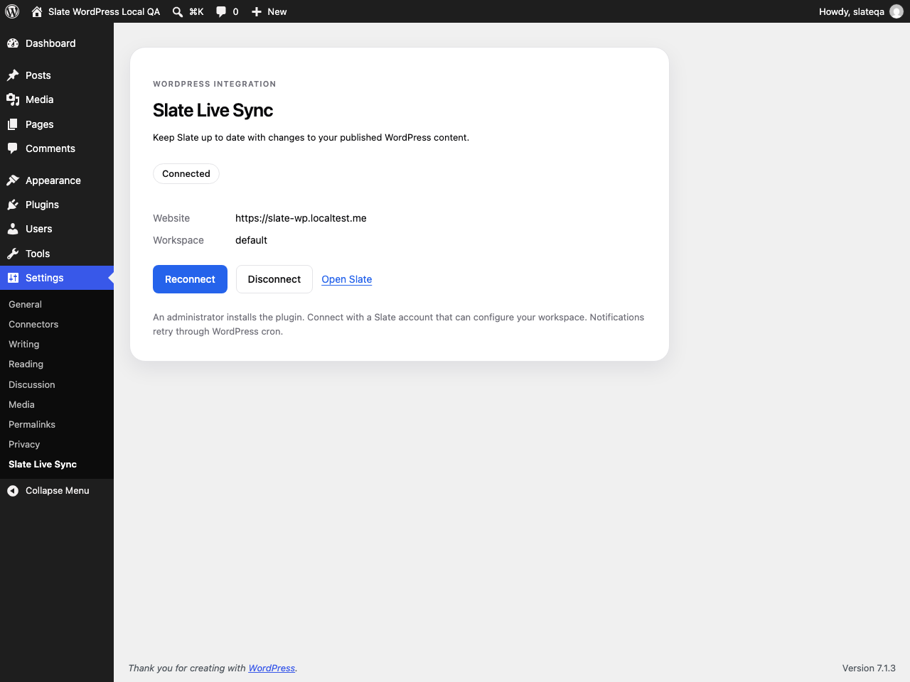 WordPress Settings showing Slate Live Sync connected, with Reconnect, Disconnect, and Open Slate controls