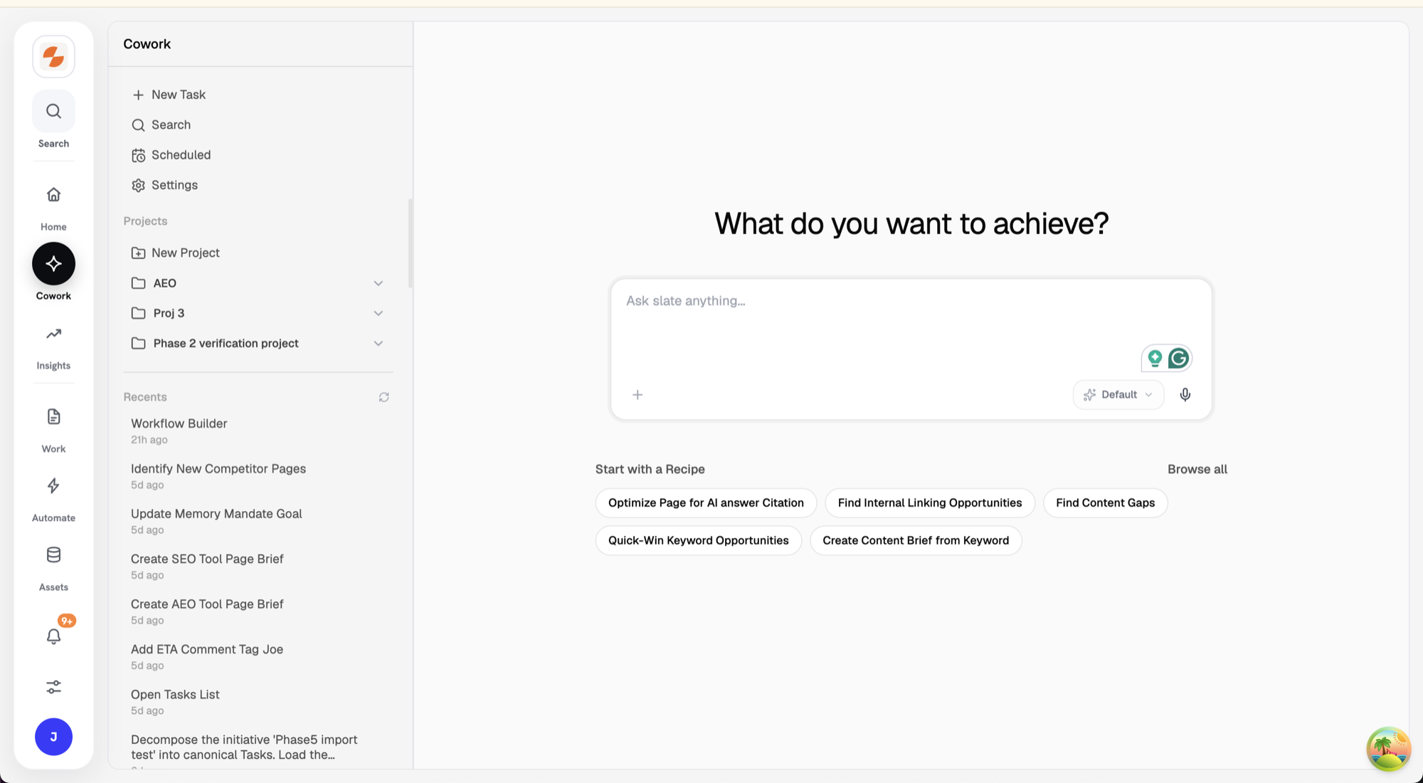 Cowork page showing the task sidebar, conversation area, and input bar