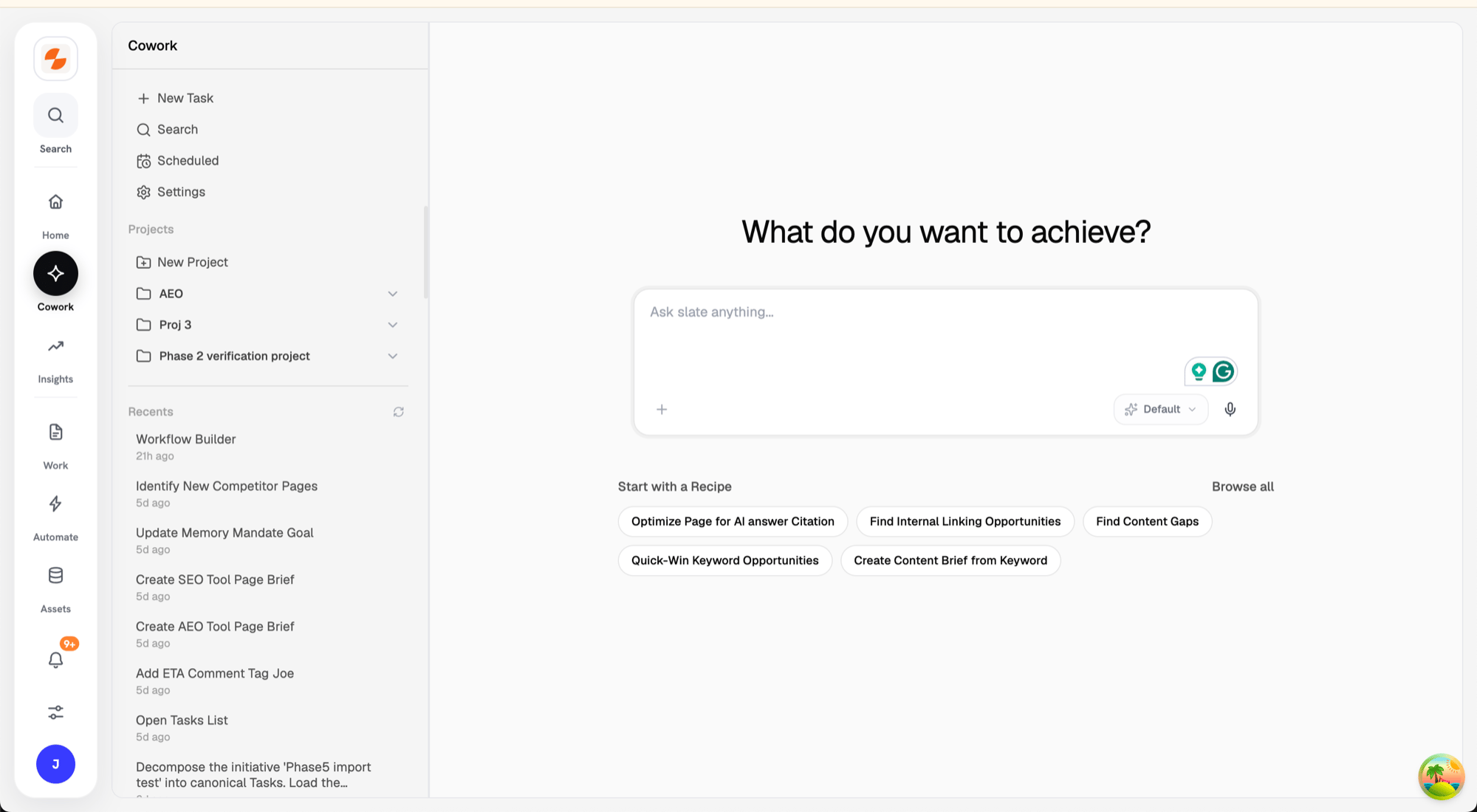 Cowork page showing the task sidebar, conversation area, and input bar