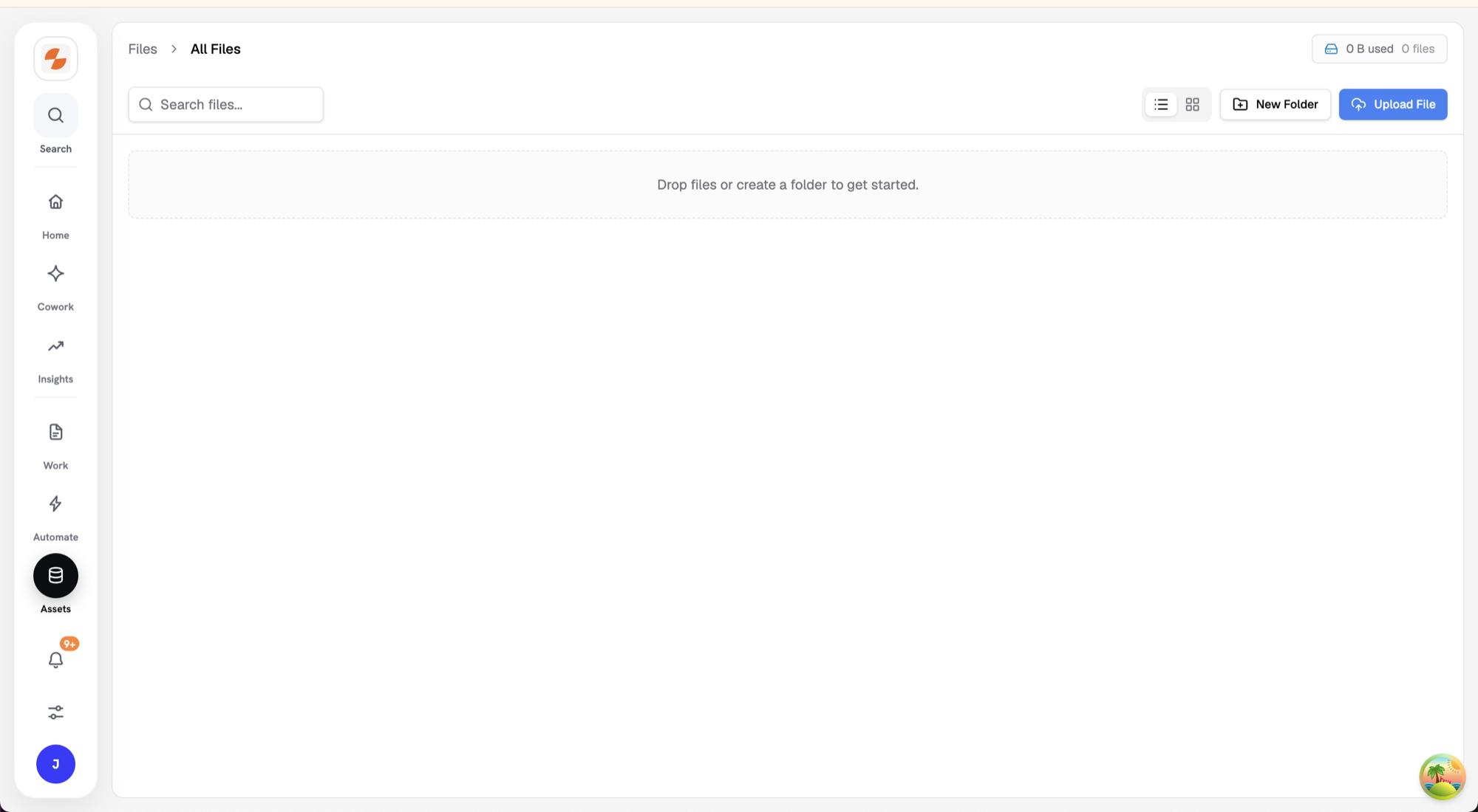 Knowledge Base page showing folders, the file table, and upload controls