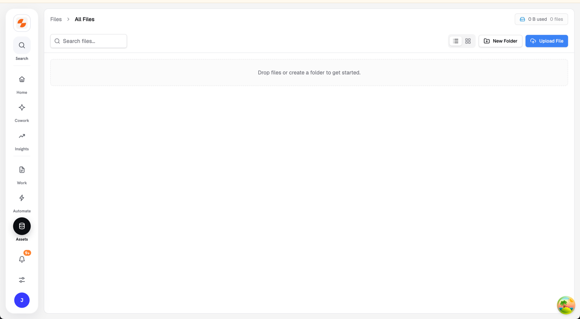 Knowledge Base page showing folders, the file table, and upload controls