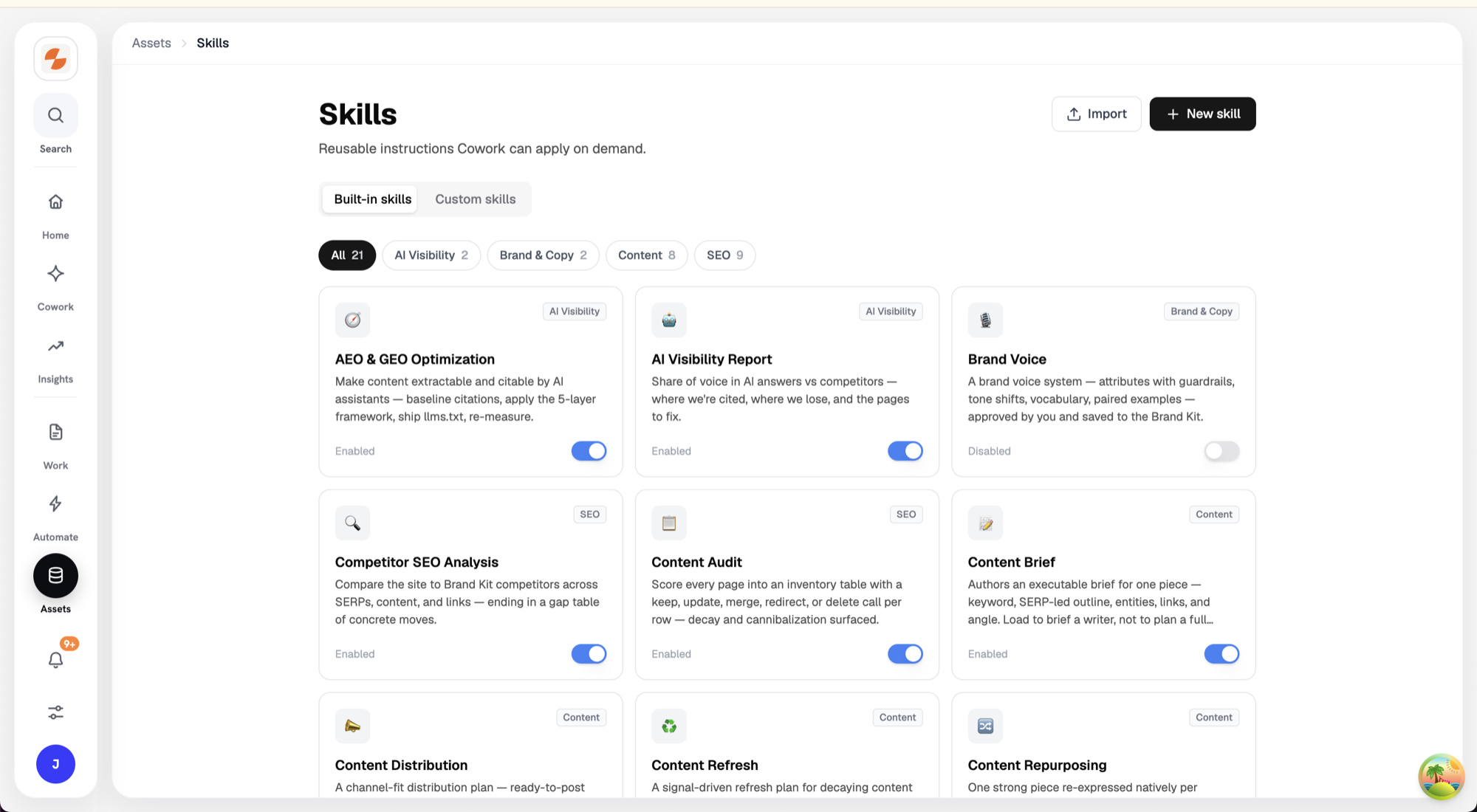 Skills page showing the built-in skills gallery with category filters and enable switches