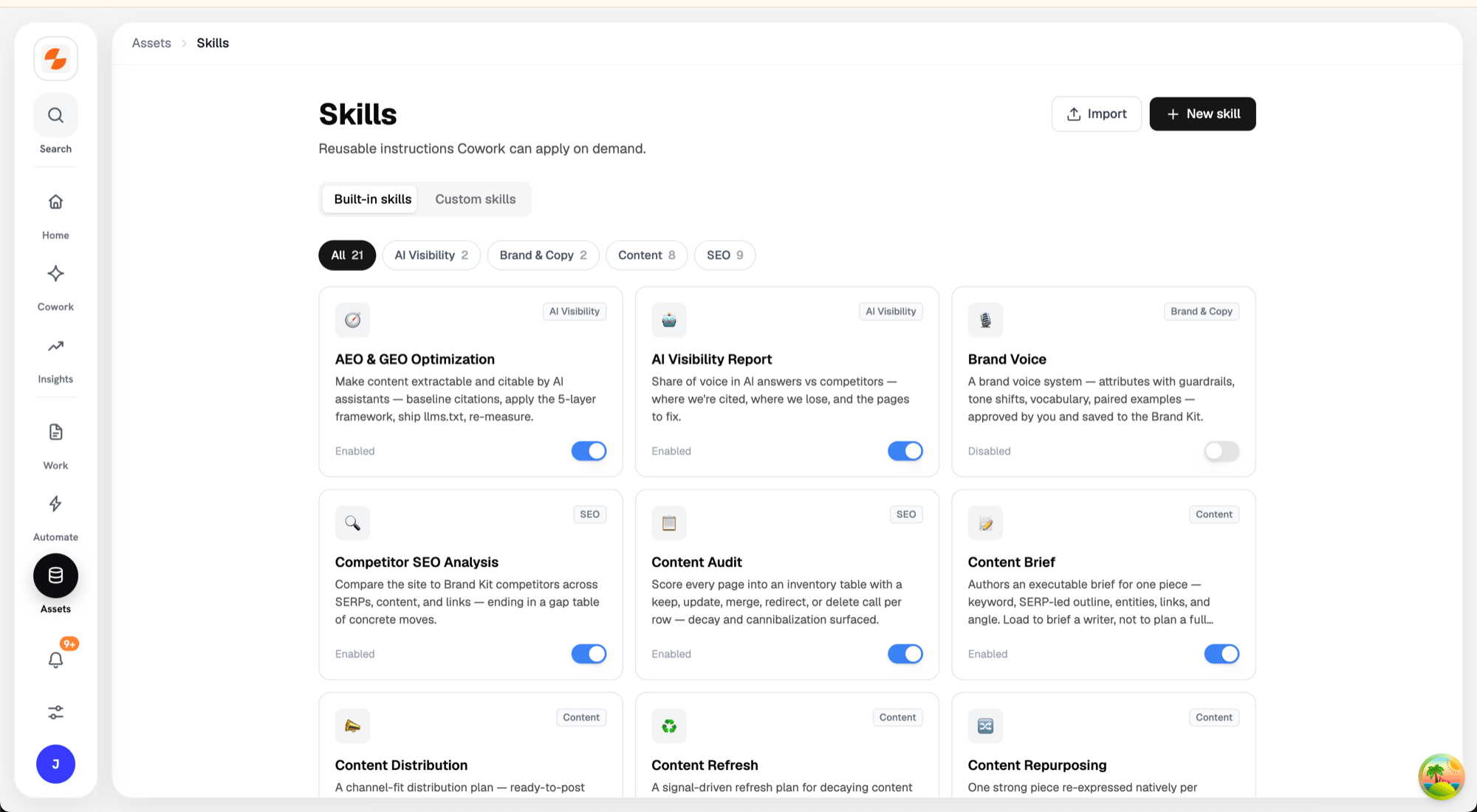 Skills page showing the built-in skills gallery with category filters and enable switches