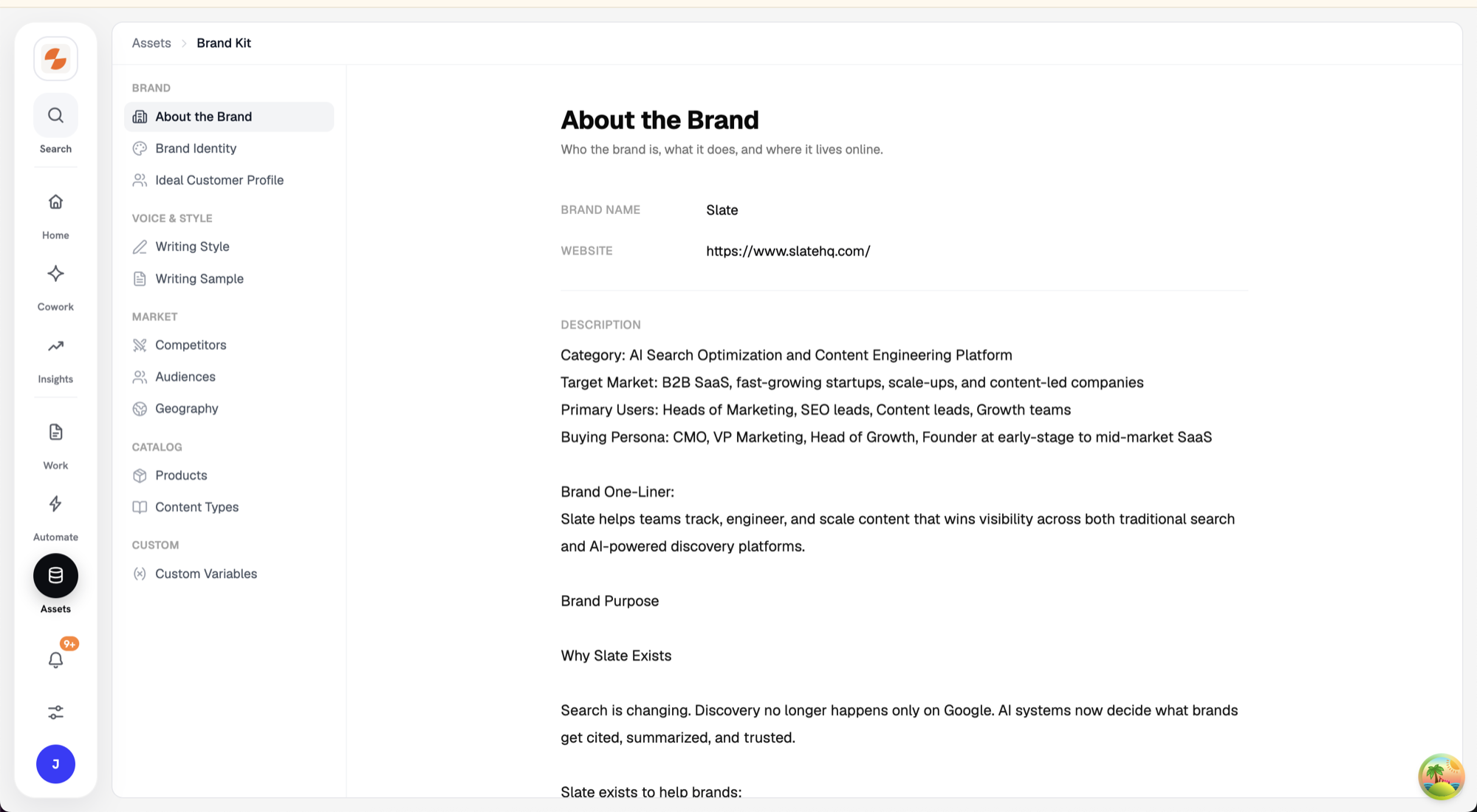 Brand Kit page showing the file rail grouped into Brand, Voice and Style, Market, Catalog, and Custom, with the About the Brand file open