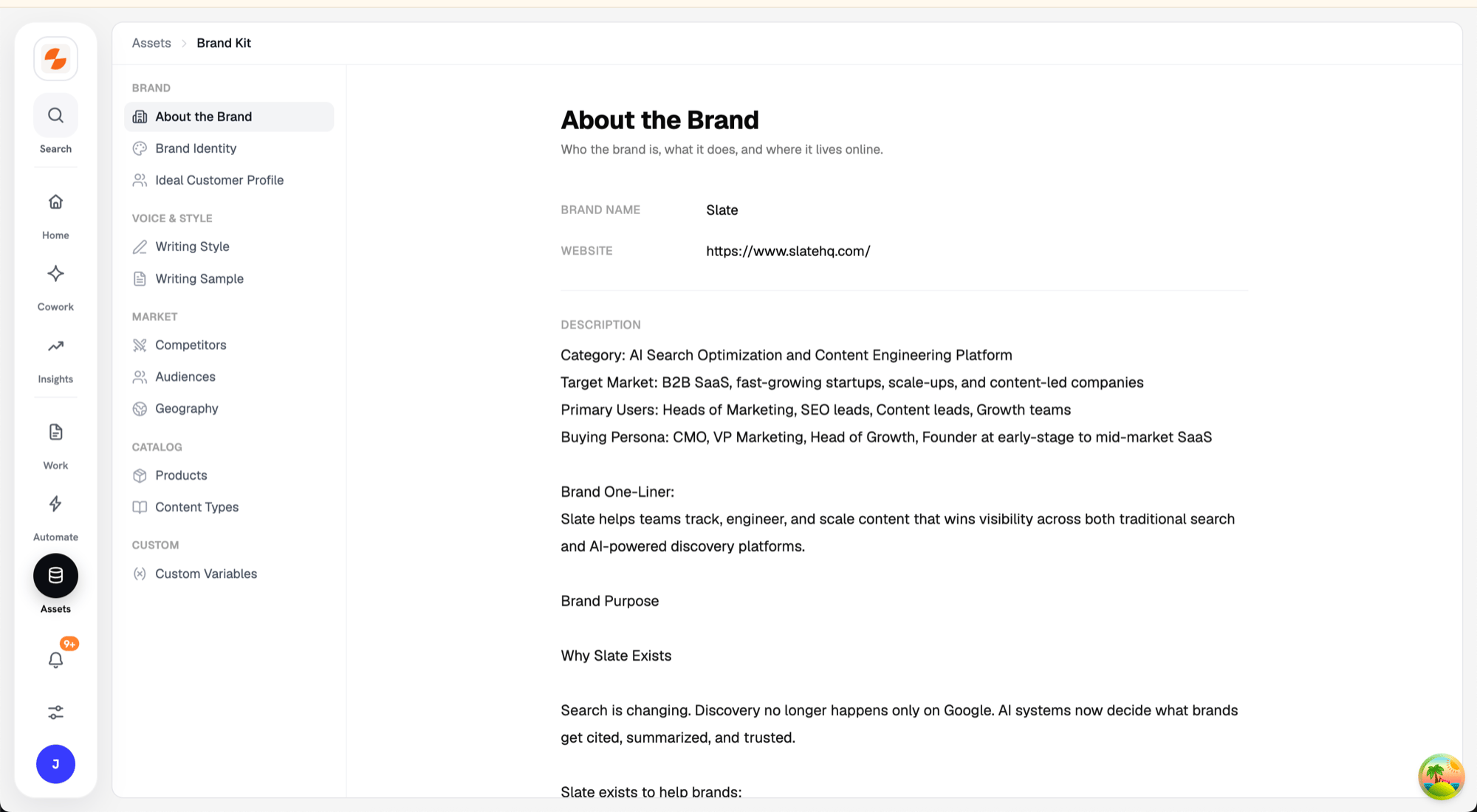 Brand Kit page showing the file rail grouped into Brand, Voice and Style, Market, Catalog, and Custom, with the About the Brand file open