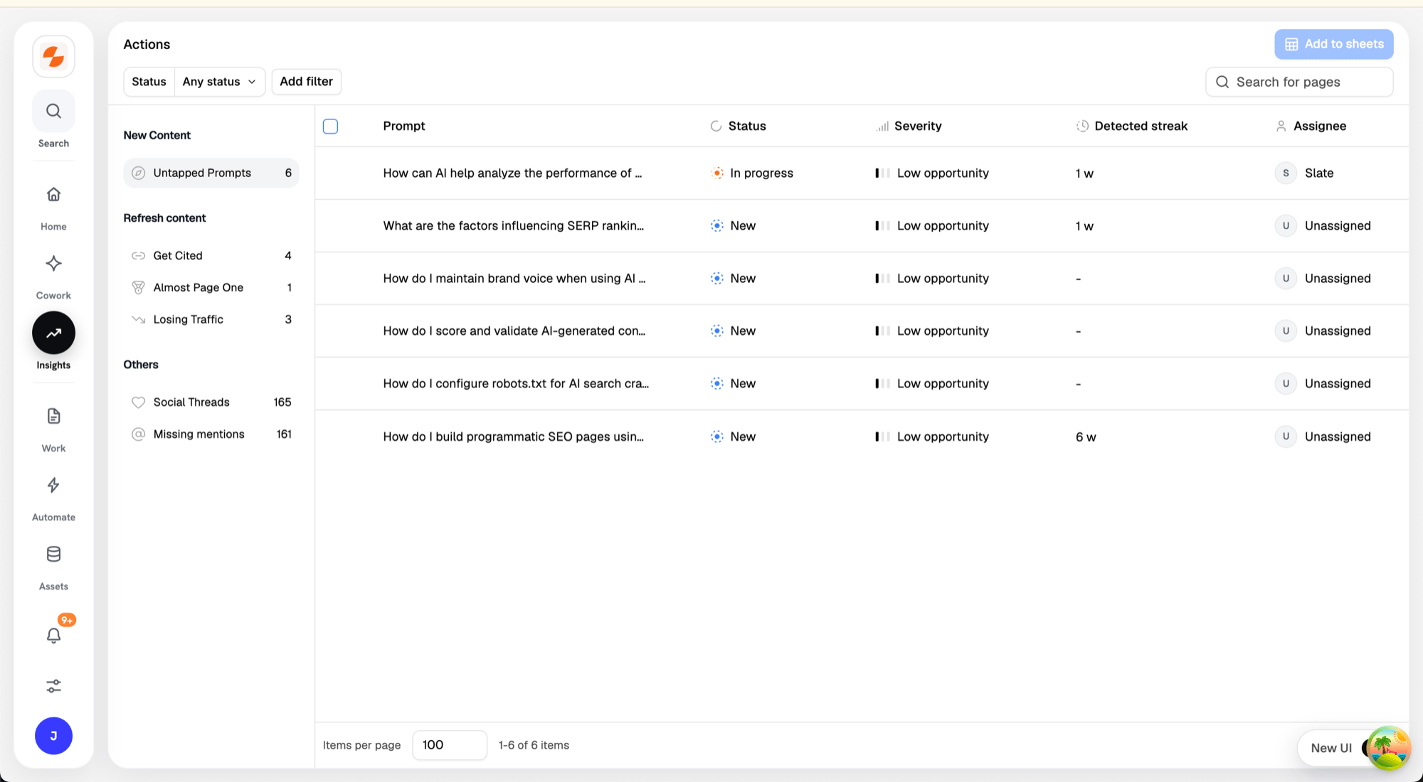 Actions page showing opportunity types in the left sidebar and a table of prompts with status, severity, detected streak, and assignee columns