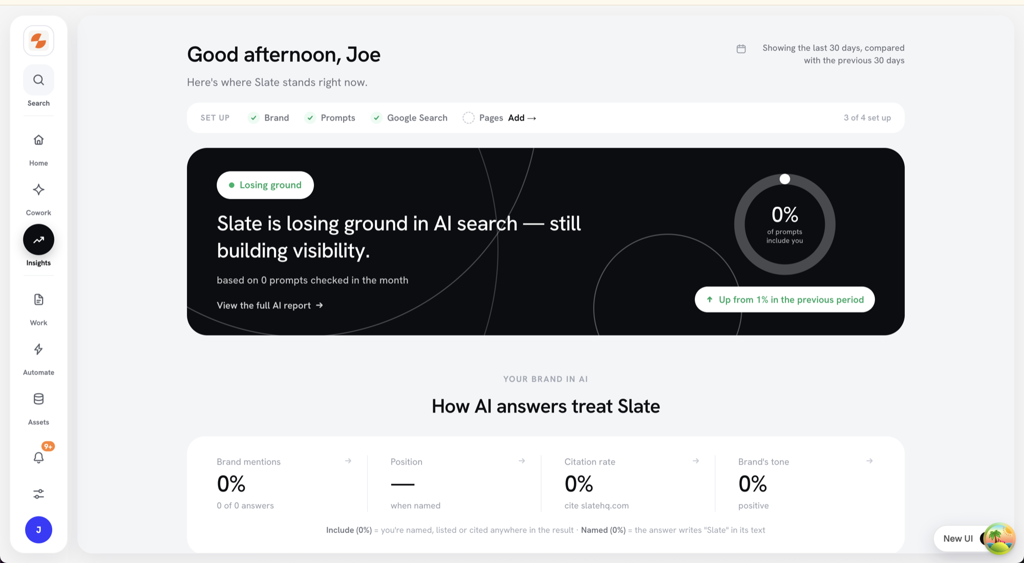 Insights Overview page with the setup rail, verdict card, and How AI answers treat your brand stat strip