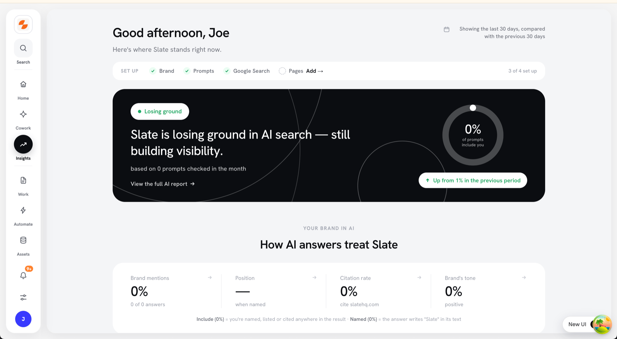 Insights Overview page with the setup rail, verdict card, and How AI answers treat your brand stat strip
