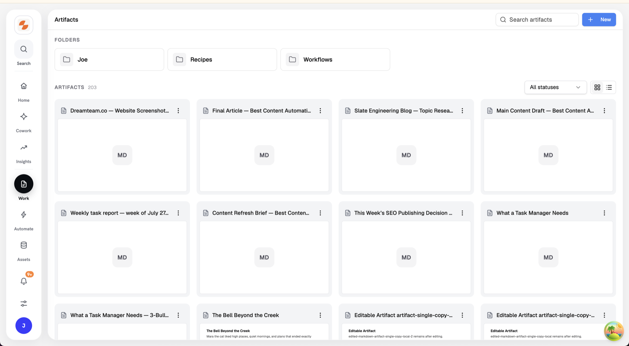 Artifacts page showing folders and a grid of artifact cards with previews and statuses