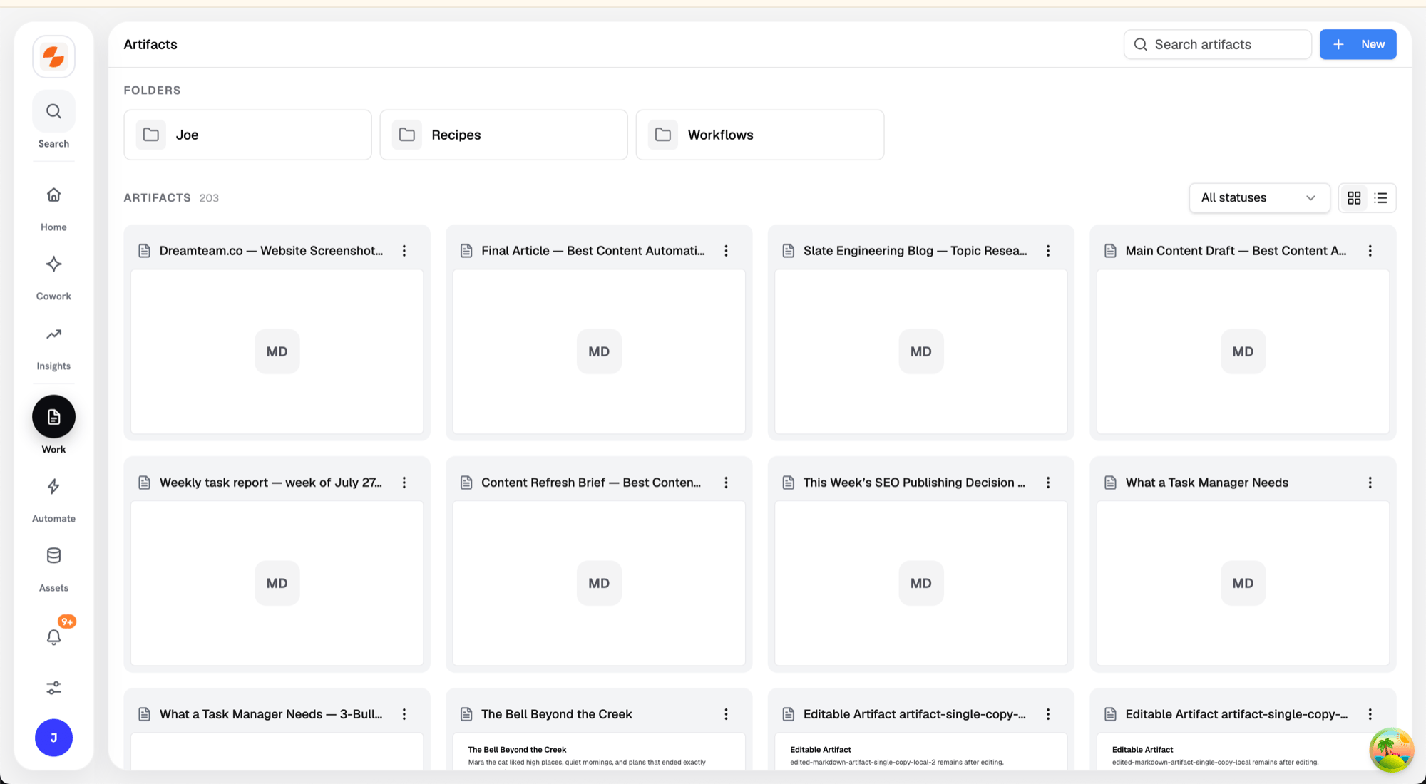 Artifacts page showing folders and a grid of artifact cards with previews and statuses
