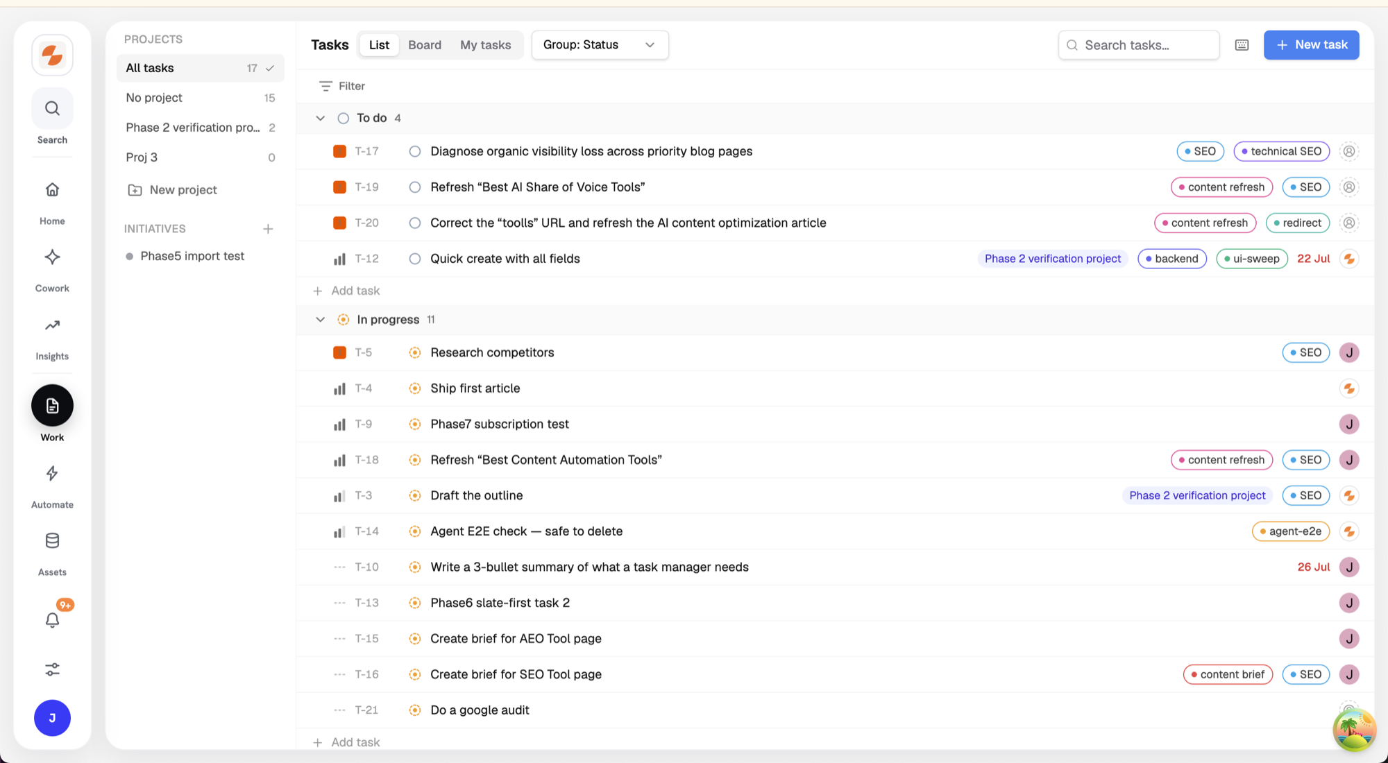 Tasks page showing the Projects rail, List view, and task rows with status, project, due date, and assignee