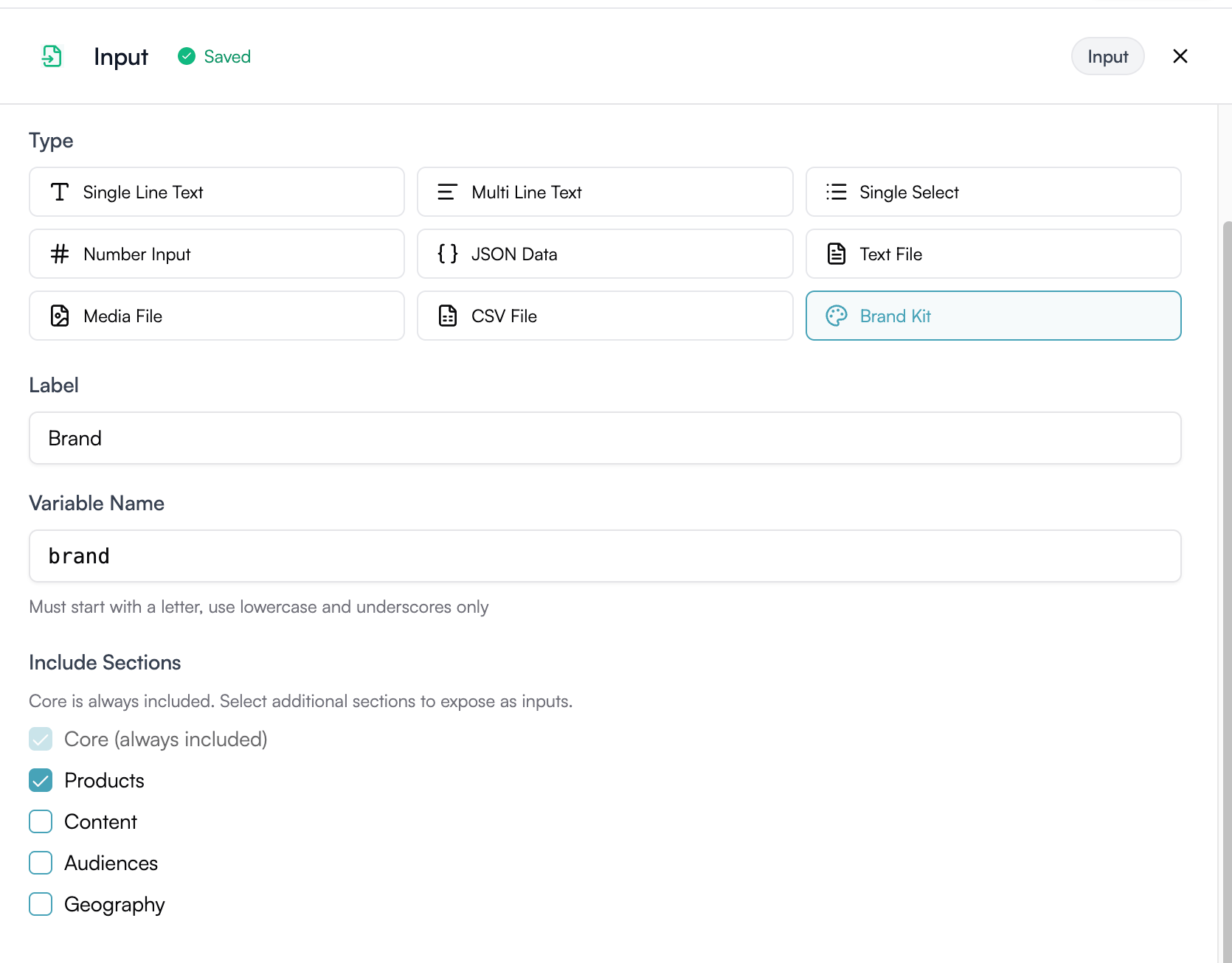 Workflow input configuration showing Brand Kit type selected with Include Sections checkboxes for Core, Products, Content, Audiences, and Geography