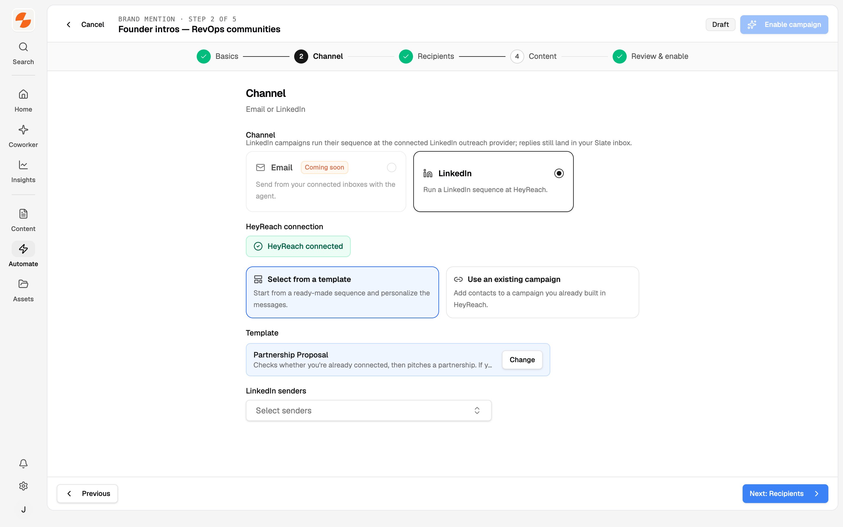 Campaign builder Channel step with LinkedIn selected, HeyReach connected, a template chosen, and the sender picker