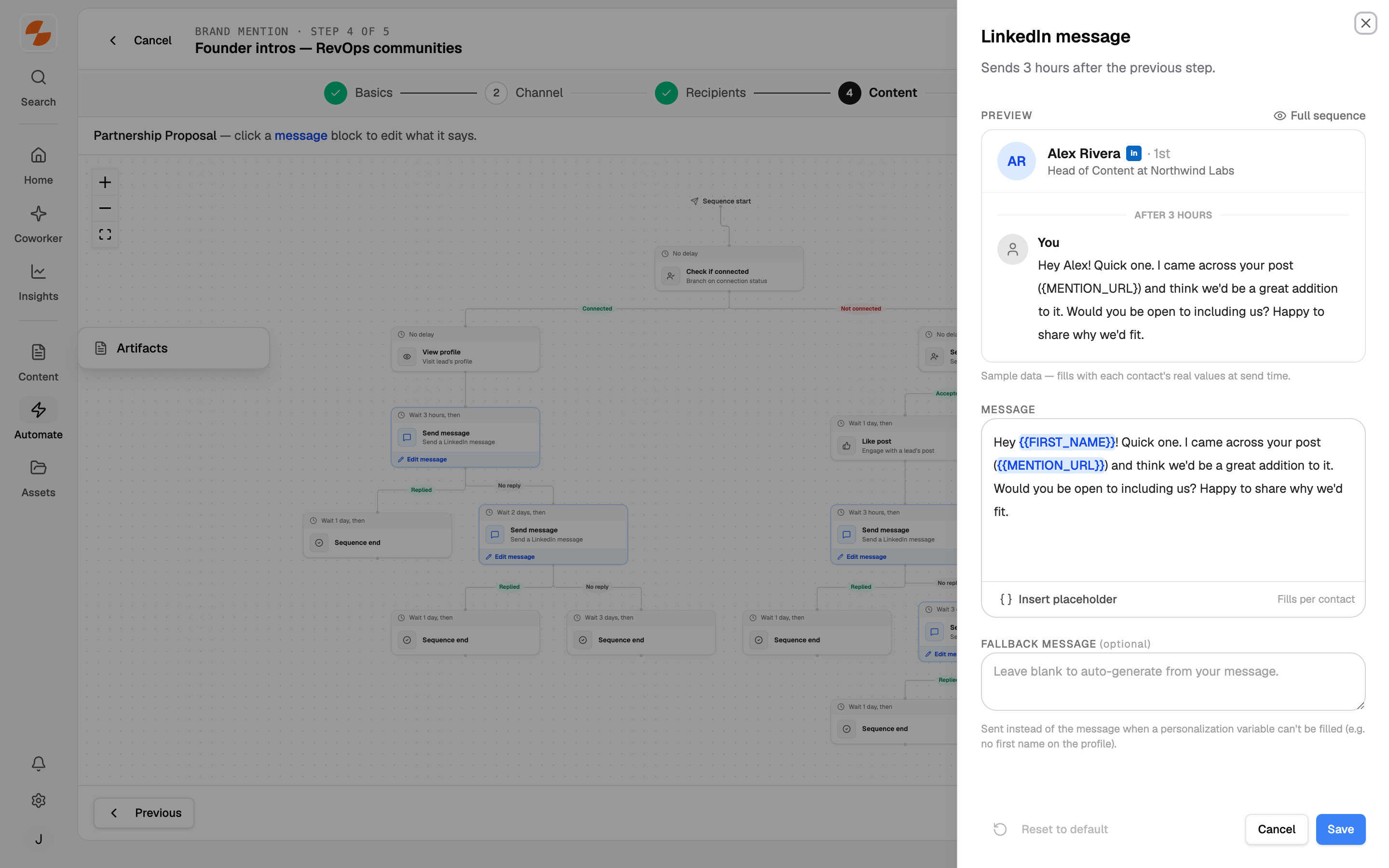 Campaign builder Content step showing the sequence flowchart and the message editor with preview, placeholders, and fallback field