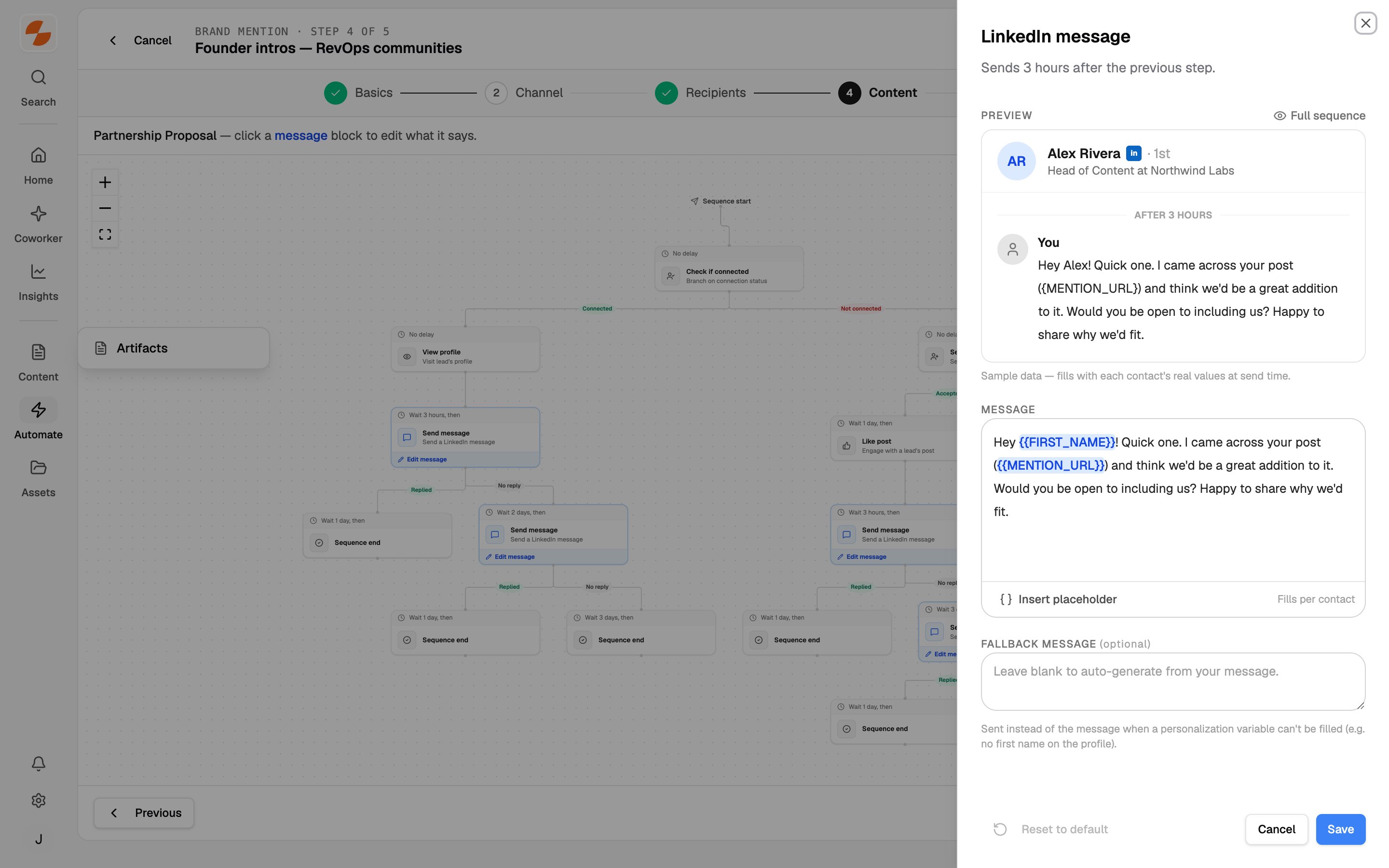 Campaign builder Content step showing the sequence flowchart and the message editor with preview, placeholders, and fallback field