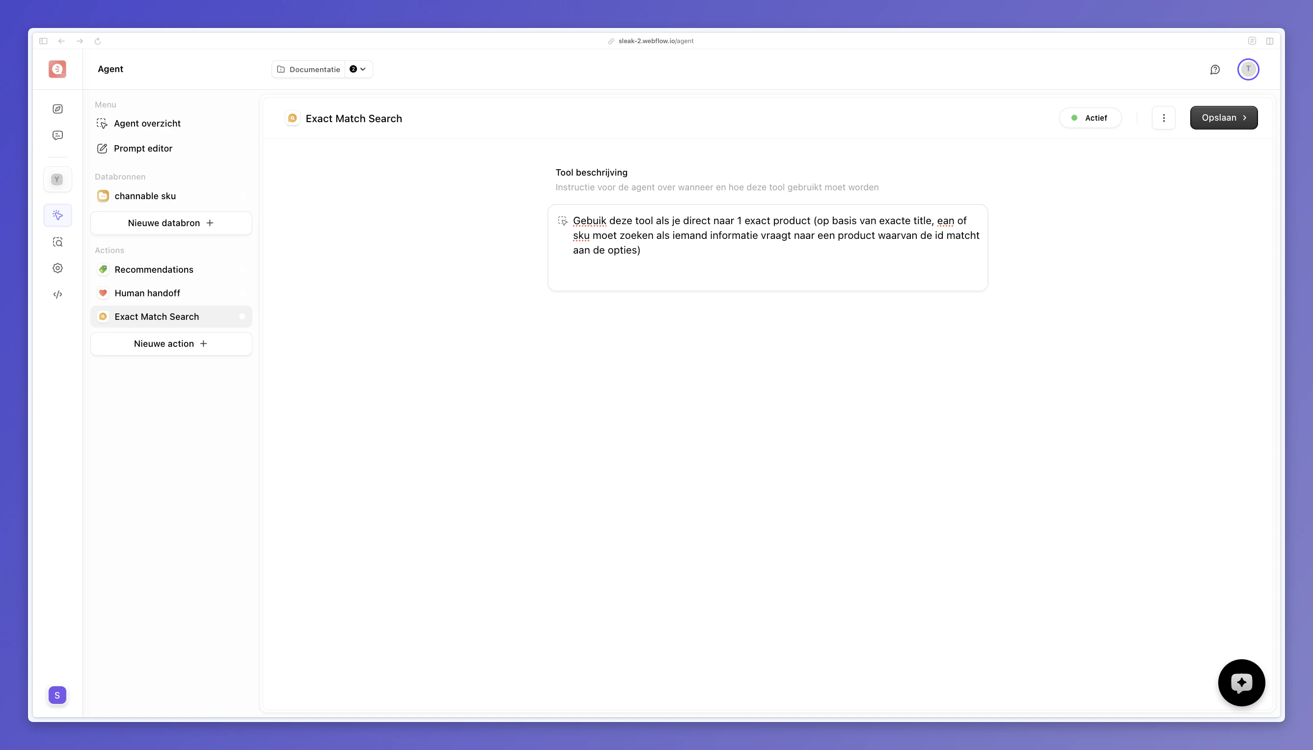 Exact Match Search actie in de agent-bouwer