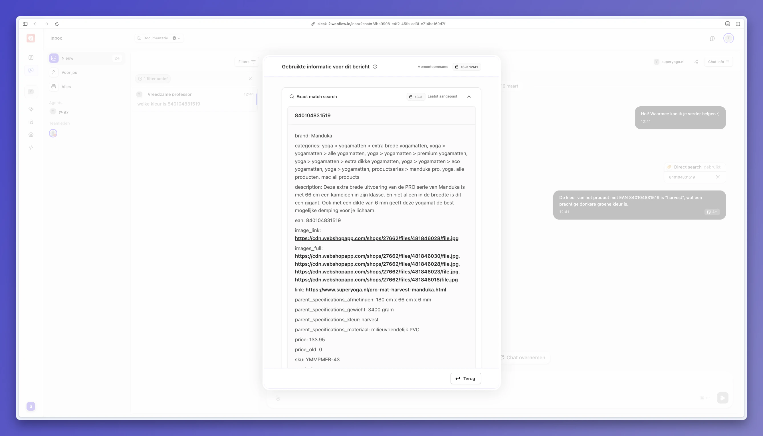 Detail weergave van opgehaalde context via Exact Match Search